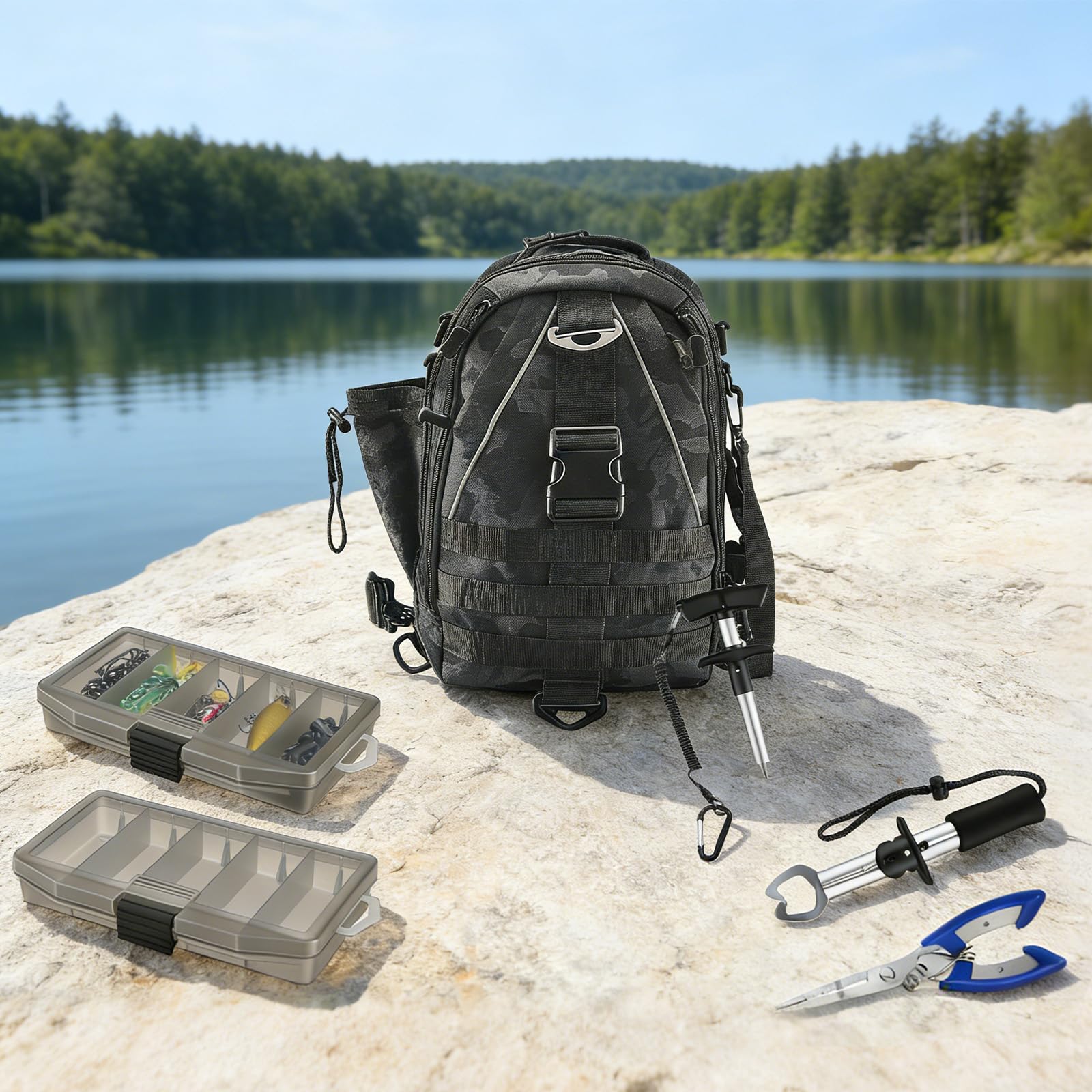 Angelrucksack mit Boxen, 208-teiliges Angelwerkzeug-Set Inklusive Angelzangen, Ködern, Fischhakenentferner und Lip Gripper, 900D Oxford-Gewebe Wasserabweisende Angelgerätetasche mit verstellbarem Fach