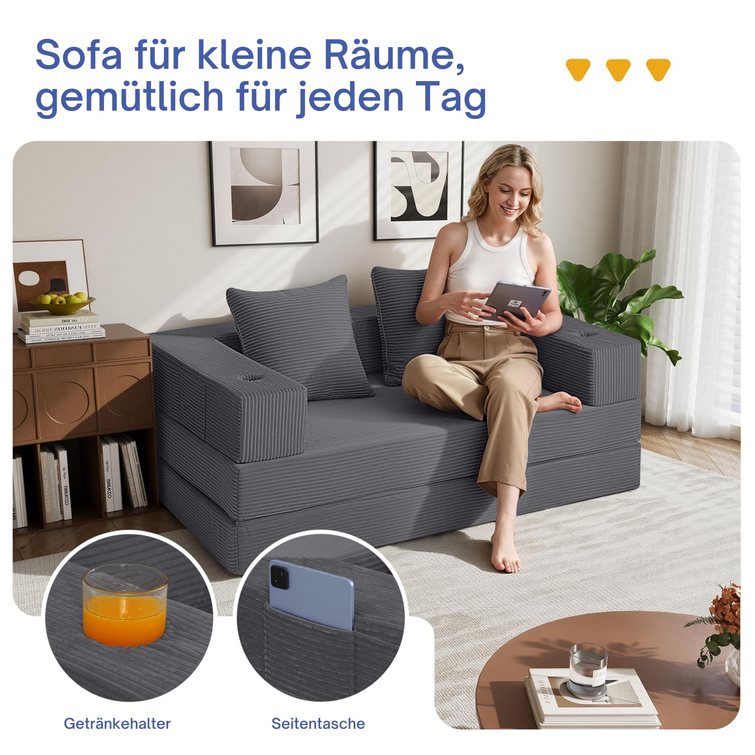 MeMoreCool 4-in-1 Boneless Couch, Umwandelbares Schlafsofa mit Armlehnen, Faltbare Matratze und Schlafsessel, Bequemes Schlafcouch für Wohnzimmer und Schlafzimmer als Lounge oder Gästebett