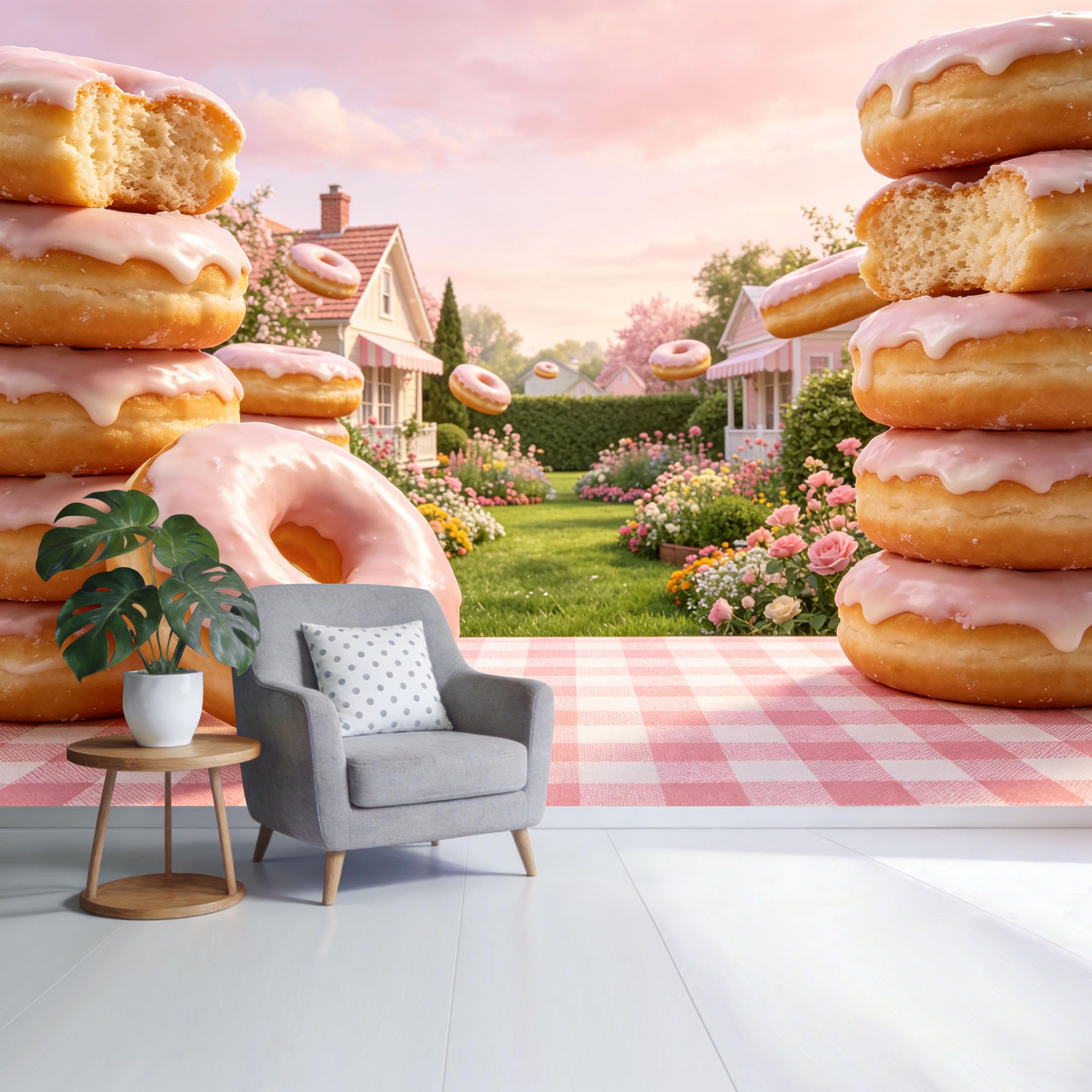 Custom Size Wall Mural Pink Glazed Donut Garden Pastel Landscape Sweet Food Aesthetic SelfAdhesive Wall Fabric Removable Wallpaper for Home Office Decor