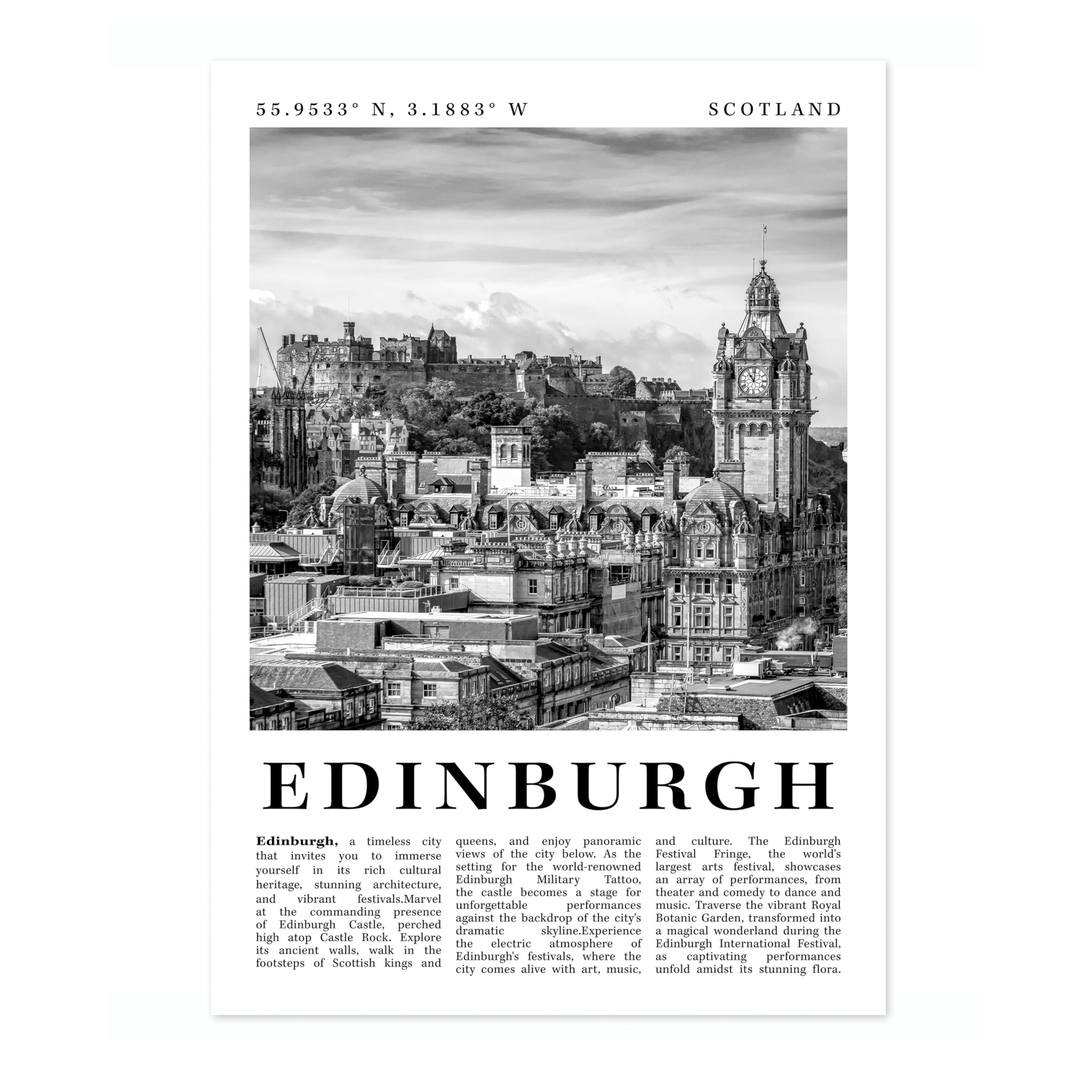 Edinburgh - Scotland Travel Poster, Black & White Print, City Landmark. Modern Home Wall Decor For Living Room Bedroom, Archival Matte, 50x70cm (Print Only) - 50x70cm โ image 1