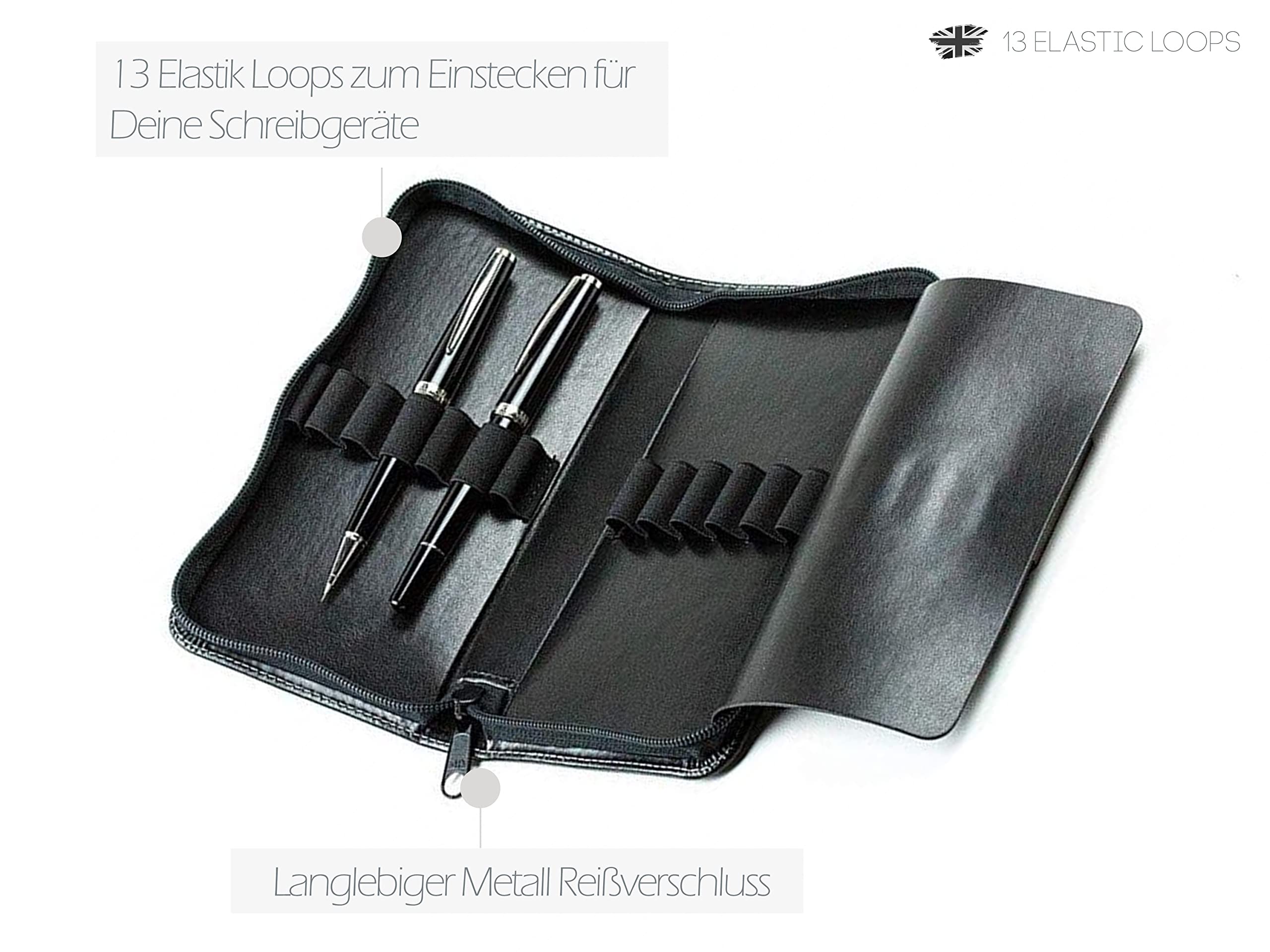 DELMON VARONE - Personalisierbares Federmäppchen Cambridge Top Grain Leder schwarz, Damen & Herren Echtleder Schreibgeräteetui, Federtasche mit Reißverschluss für 13 Schreibgeräte inkl. Schutzwand