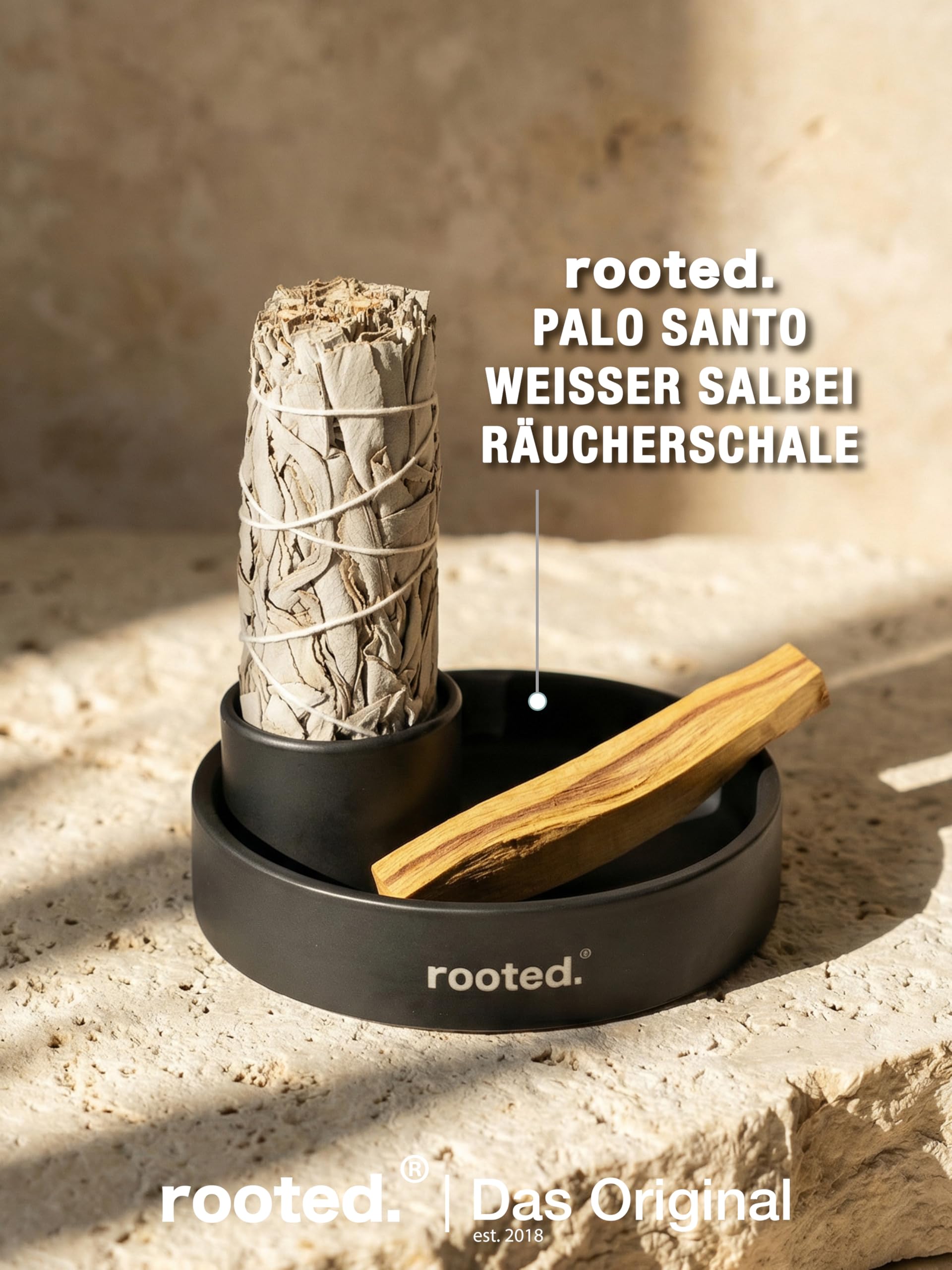 rooted.® Designerska miska do wędzenia 3 w 1 [matowa czerń] – ognioodporna miska ceramiczna do Palo Santo, białej szałwii i kadzidełek | nowoczesna, minimalistyczna, do rytuałów i czyszczenia