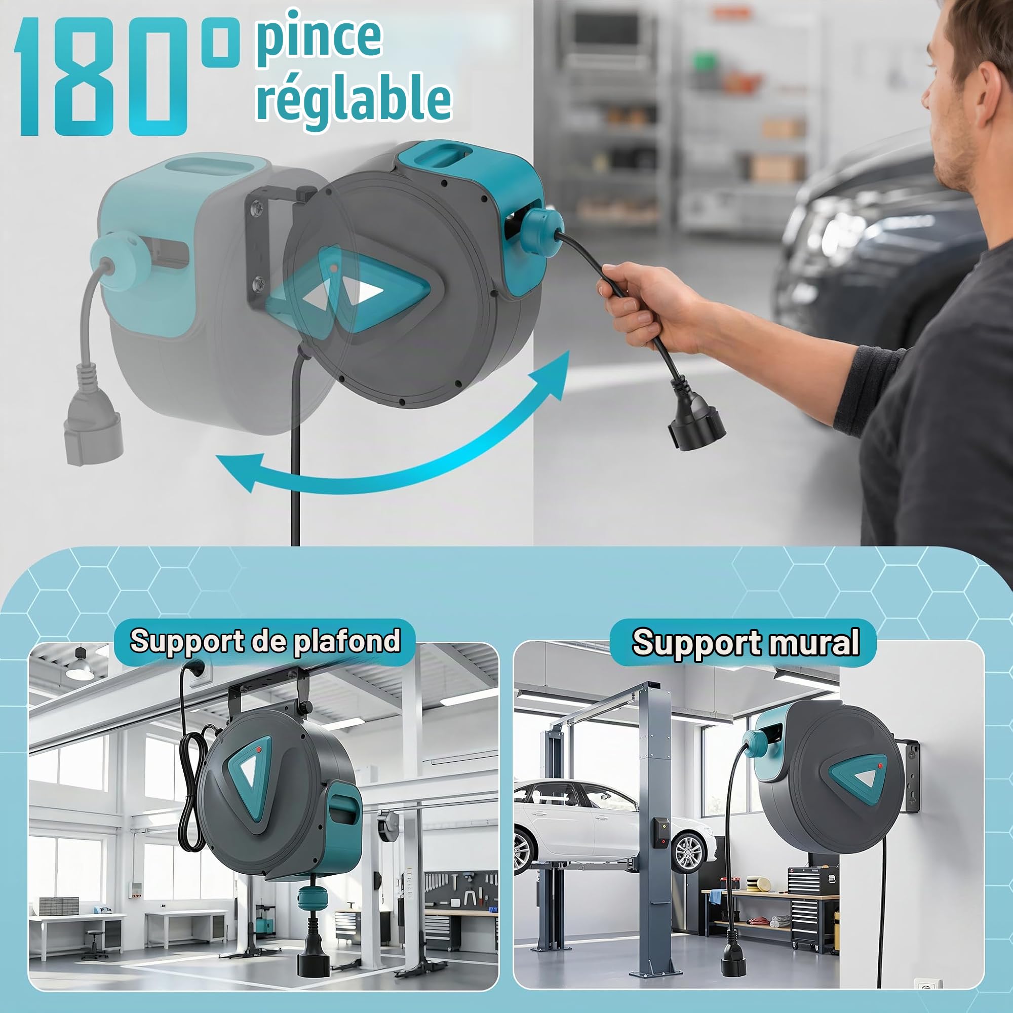 Froadp 20m Enrouleurs de Câbles électriques, Enrouleur Automatiques avec Rotation 180° Support Mural, Fils Prolongateur électrique avec Protection Contre les Surcharges(Bleu)
