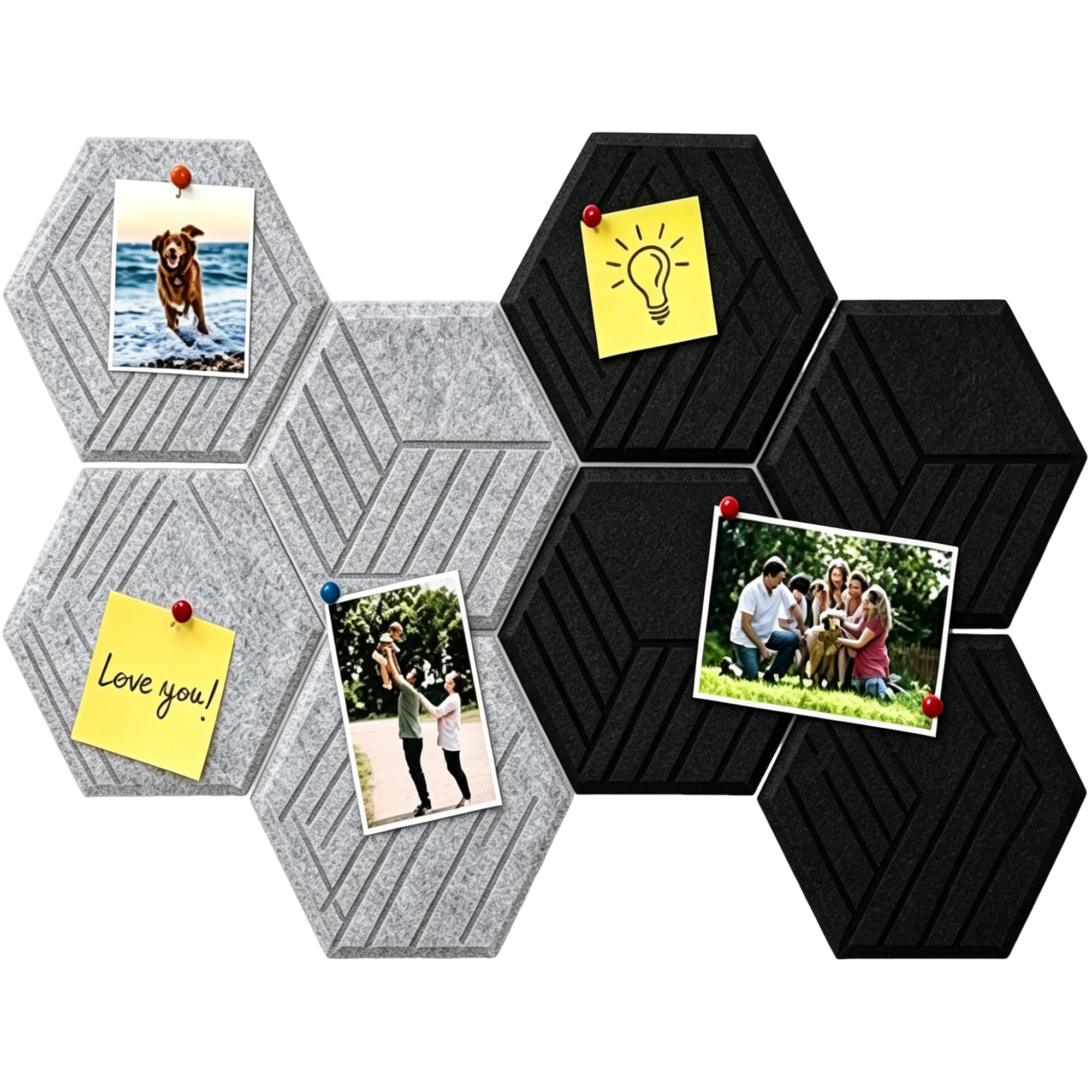 8Pcs Bulletin Board, Pin Board, Eight Hexagon Felt Tiles in Gray and Black Colors-image-2