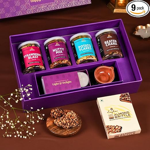 Omay Foods 9 Pcs_Joyful Diwali Treats Gift Box l Diwali Gifts I Diwali Gift Hamper I Corporate Diwali Gifts I Healthy Snacks I Premium Dry-fruits I Diwali Candles, Diya I Gourmet Gift Hamper I Festive Hamper I Premium Diwali Gift Hamper