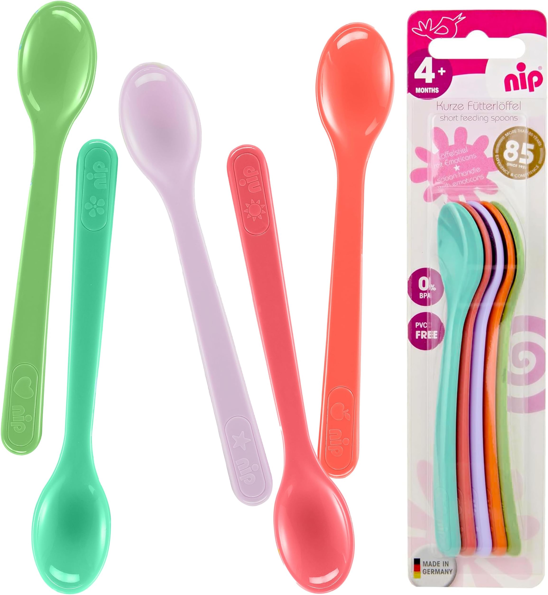 Nip Soft-Tip Baby Feeding Spoon Set, Pack of 5 – Easy Hold Weaning Spoons for Infants 4 Months+, Dishwasher Safe Baby Utensils with Soft Edges for Self-Feeding and Baby Food,Made in Germany,Multicolor