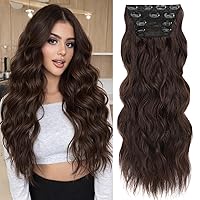 Vista 6 de ALXNAN - Extensiones de cabello con pinza, largo y ondulado, de 20 pulgadas, color rubio rosa; extensiones de cabello natural de 4 piezas, con fibra