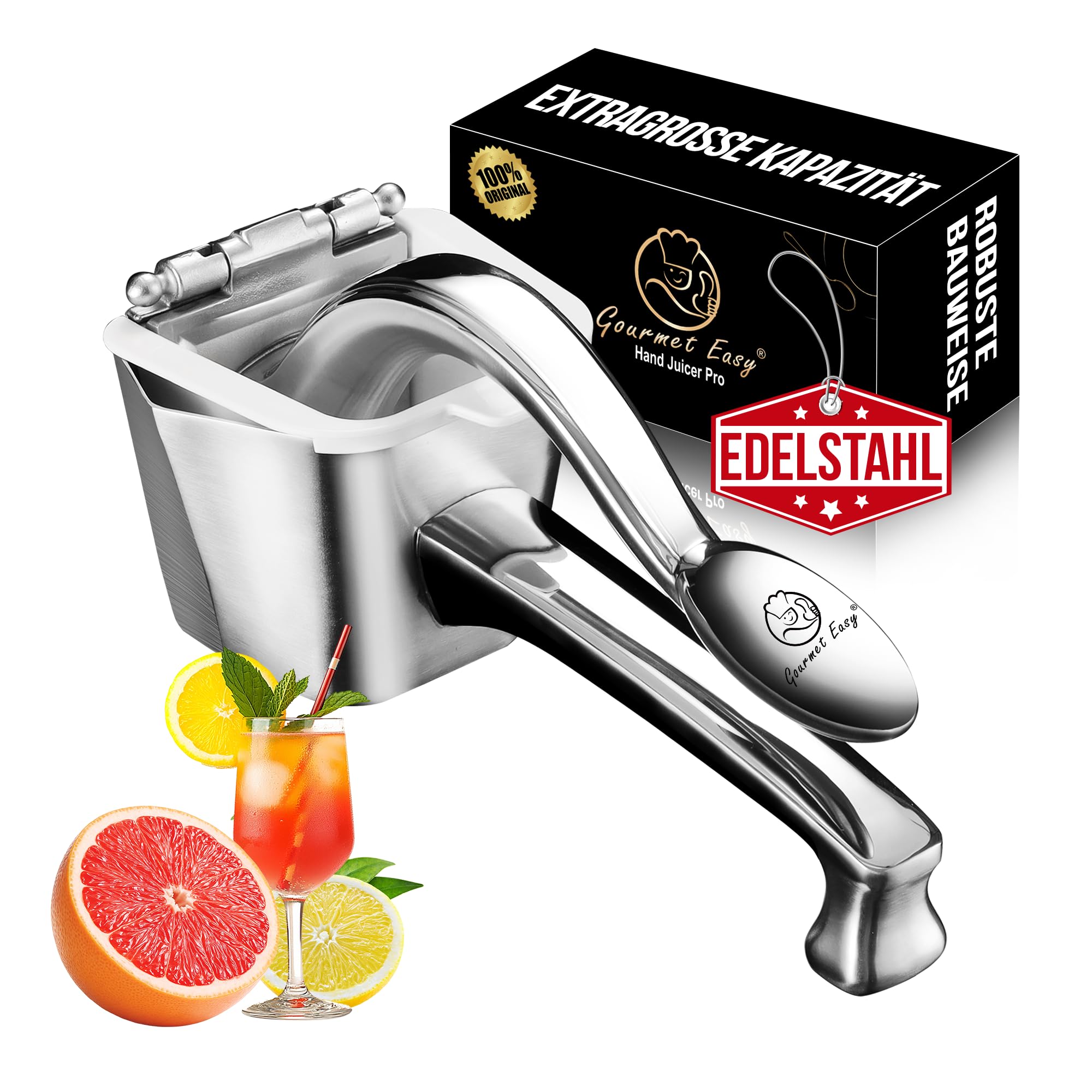 Saftpresse manuell als Zitronenpresse, Limettenpresse & Orangenpresse geeignet | Große Obst-Handpresse aus 304 Edelstahl mit ergonomischem Griff | Premium Fruchtpresse mit 5 Jahre Garantie