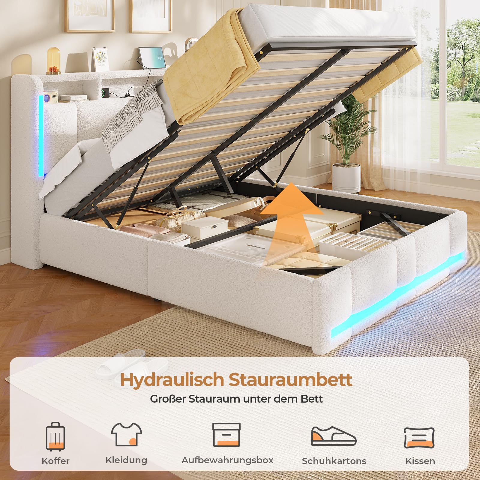 AOGLLATI Canapé lit 140 x 200, Lit Coffre 140 x 200 avec LED et Ports USB, Tête de Lit capitonné avec Étagères Ouvertes, lit 2 Personnes avec Hydraulique, Lattes en Bois, Bouclée AOGLLATI Canapé lit 140 x 200, Lit Coffre 140 x 200 avec LED et Ports USB, Tête de Lit capitonné avec Étagères Ouvertes, lit 2 Personnes avec Hydraulique, Lattes en Bois, Bouclée