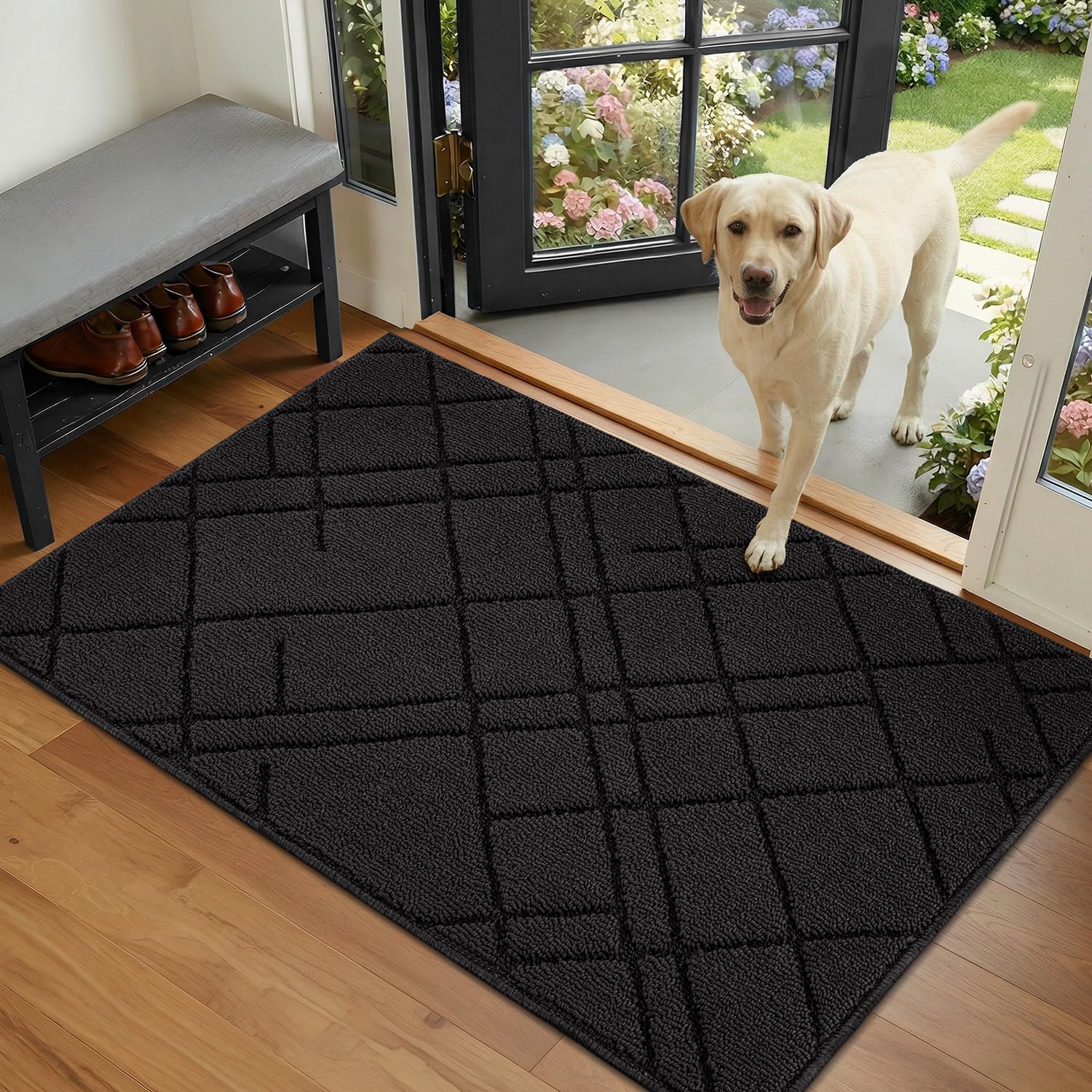 Biscpro Indoor Doormat,60x90cm Welcome Mat,Non-Slip Absorbent Door Mat,Rubber Backing Dirt-Trapping Front Door Mat,Washable Low-Profile Stylish Mat for Entrance,Kitchen,Garden,Laundry Room(Black)