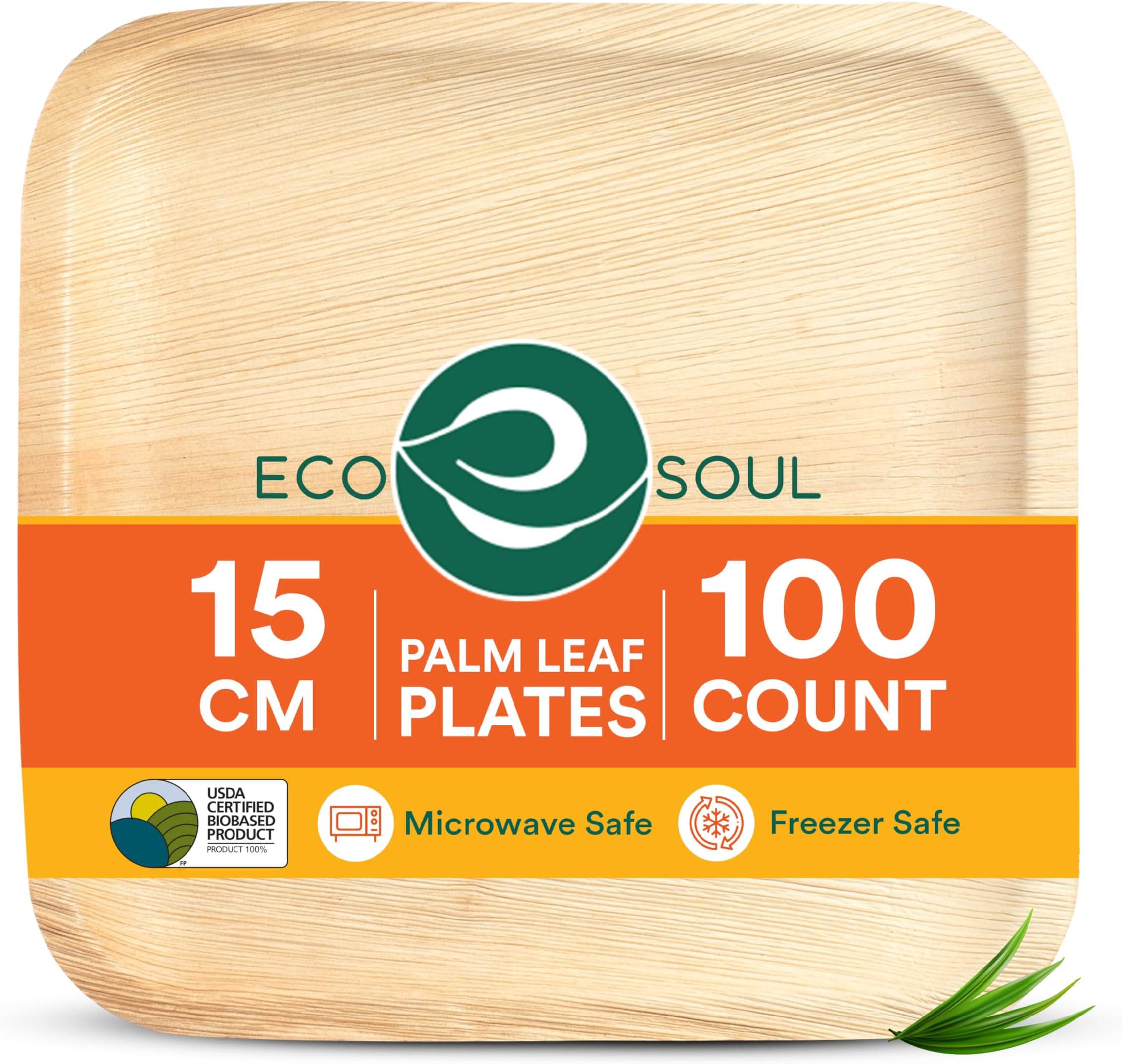 ECO SOUL Palm Leaf Like Bamboo Plates, 6 Inch Square, 100 Pack Bulk Disposable Appetizer & Dessert Tableware, Compostable Biodegradable Natural Wooden Small Party Plates for Wedding, Catering, Events