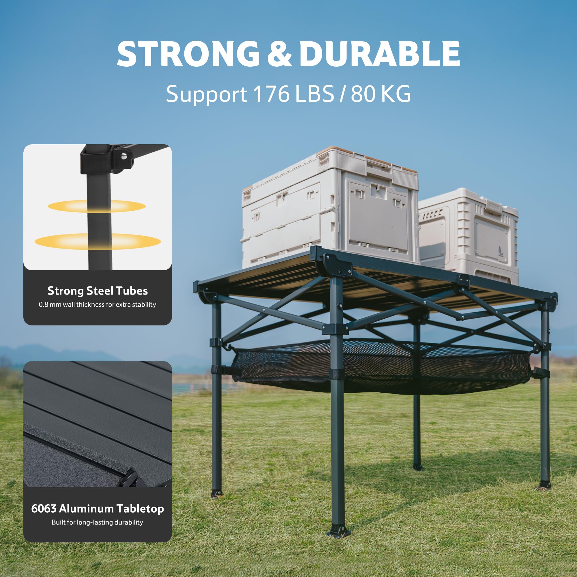 Naturehike Składany stół kempingowy, poszerzona i podwyższona rama aluminiowa, udźwig 80 kg, montaż w ciągu kilku sekund bez użycia narzędzi, idealny na kemping, balkon, do domu,