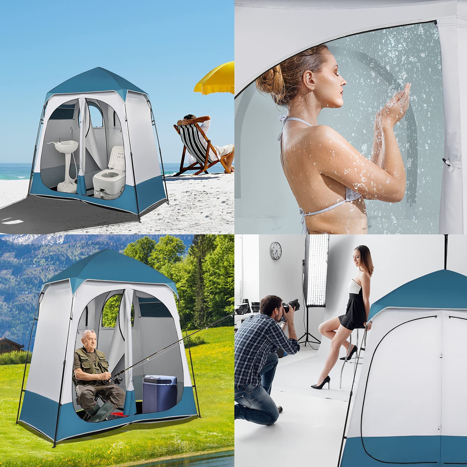 Pop Up Duschzelt, 2 Zimmer Wasserdicht Sichtschutz mit Boden, Tragetasche für Camping, Strand, Wandern und Toilette, UV-Schutz, 2,3 m