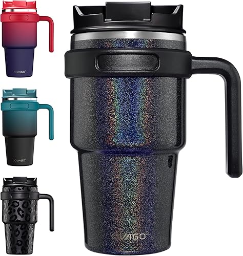 CIVAGO Vaso de 20 onzas con tapa y popote, taza de café de viaje aislada con asa, vaso de café al vacío de acero inoxidable de doble pared, taza de