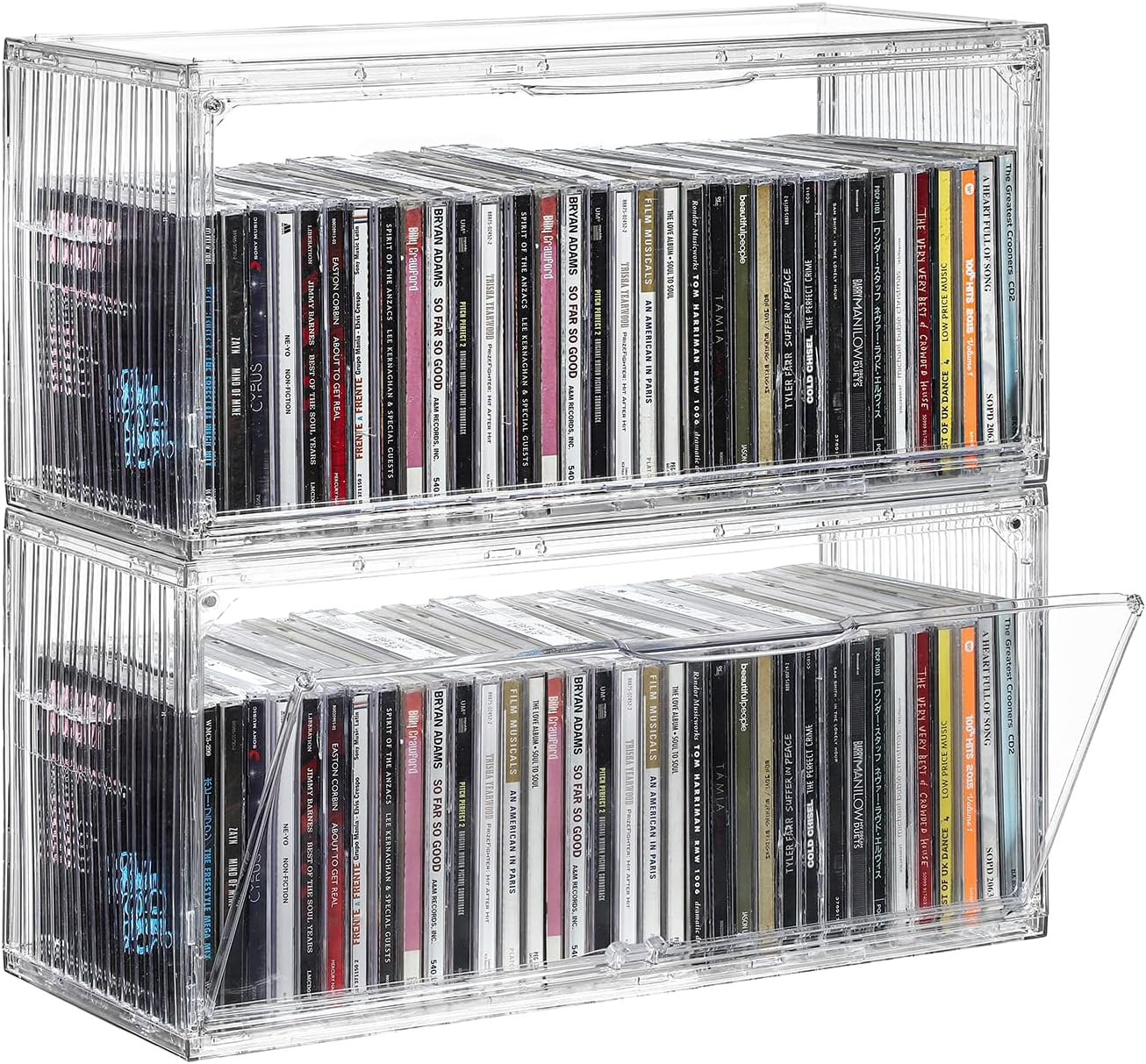 Beveetio 2-Pack Clear CD Storage Box, Stackable CD Case Holder with Full-View Design, Hard Cases for Easy Title Viewing, Holds Up to 68 Standard Cases-14.6×6.3×7.1 in
