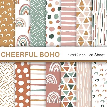 28 Sheet Boho Scrapbook Paper, 12"X12" Inch Scrapbook Papers, 90 lb/160 gsm Scrapbook Paper Double-Side Print BOHO 1