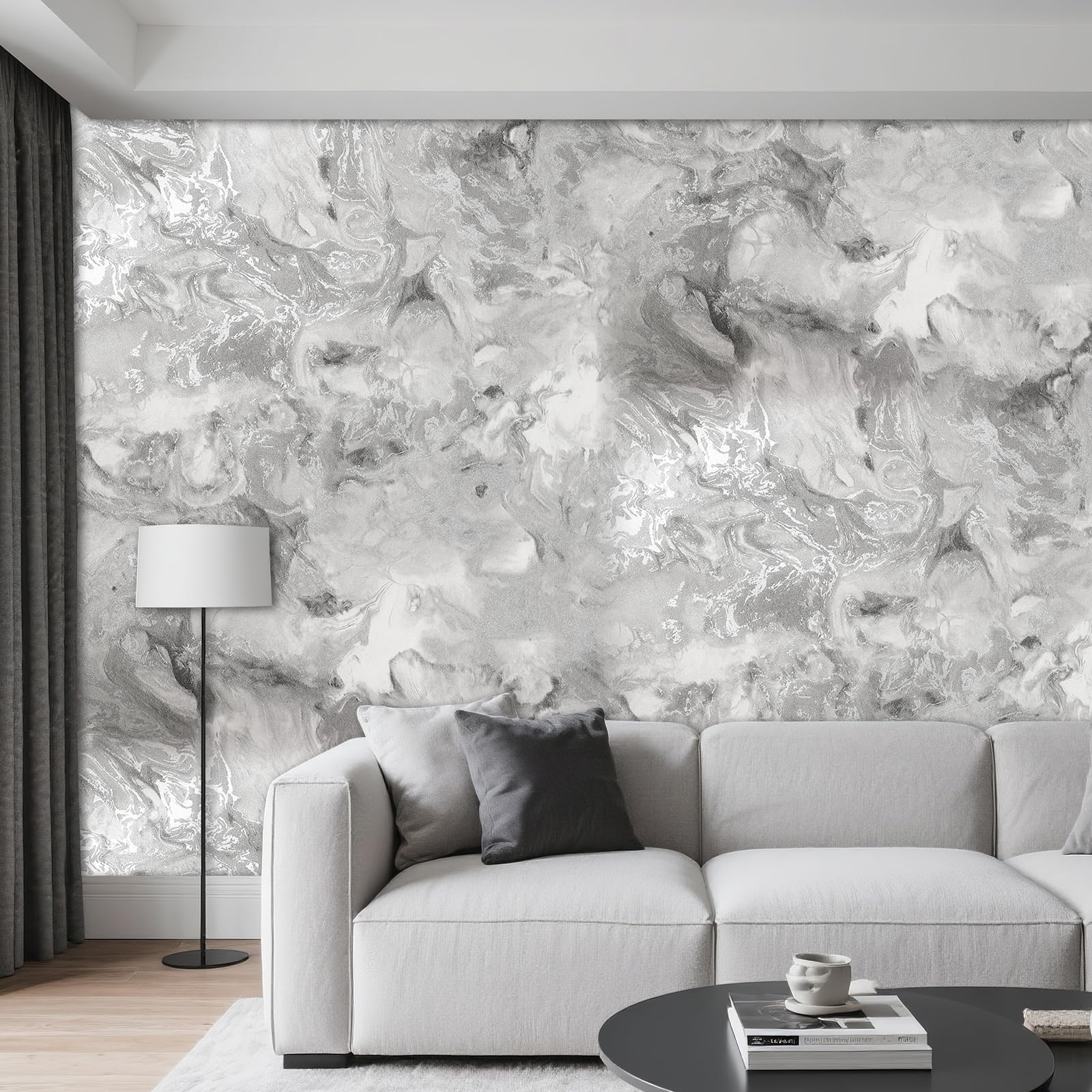 Marble Silver Grey Wallpaper for Living Room, Feature Metallic Marble Effect, Silver Grey Embossed Modern Glitter Textured Wallpaper, for Bedroom, Hallway and Stairs