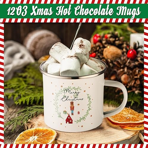 Miniatura 3 de Mifoci 16 tazas de café esmaltadas de Navidad a granel de 12 onzas, tazas de chocolate caliente de Navidad con borde plateado, taza de café de