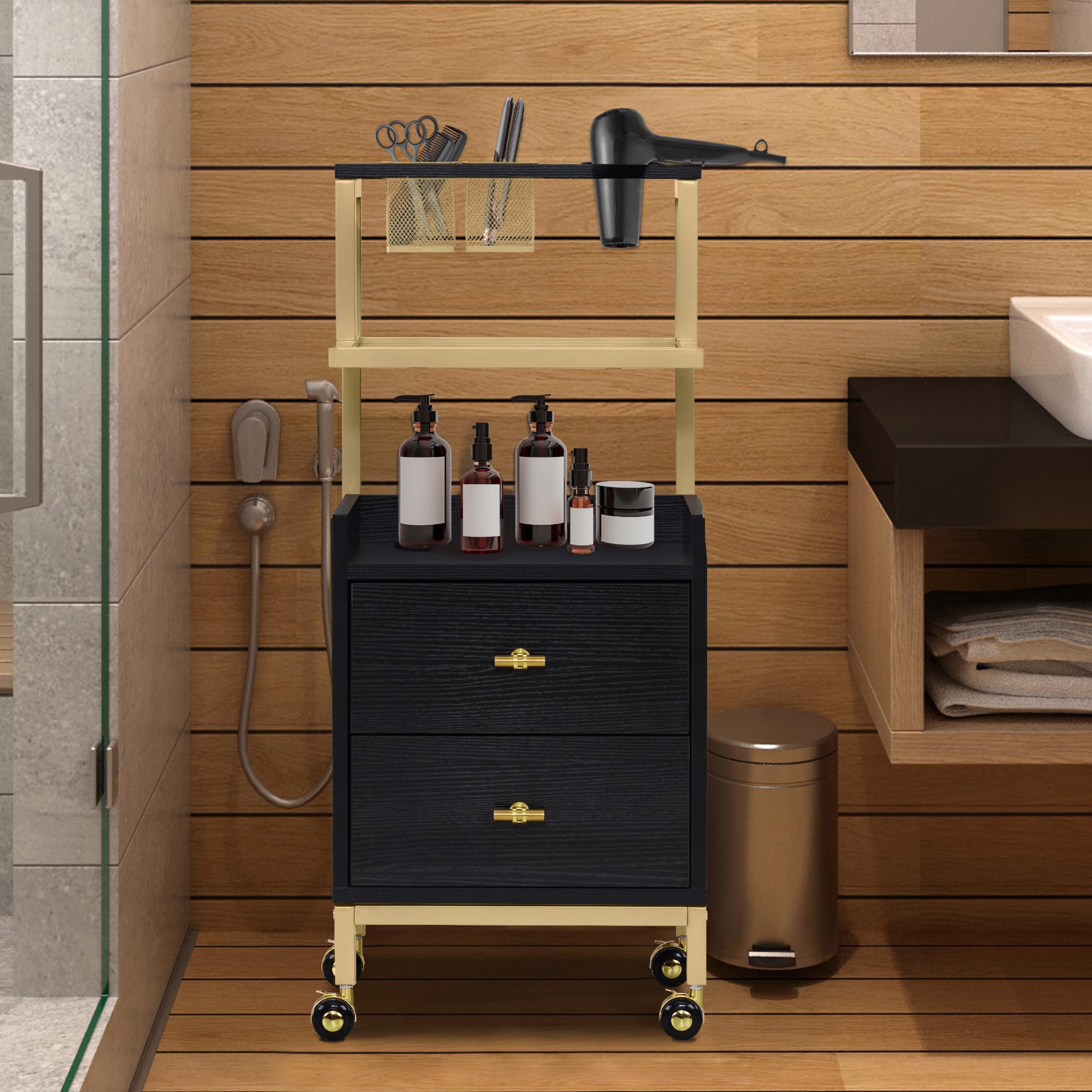 Barberpub de Coiffure avec roulettes et 2 tiroirs, de Service, de Salon avec 2 étagères, de Travail pour la Salle de Bain, 32x37x87cm, 0029 (Noir-Or)