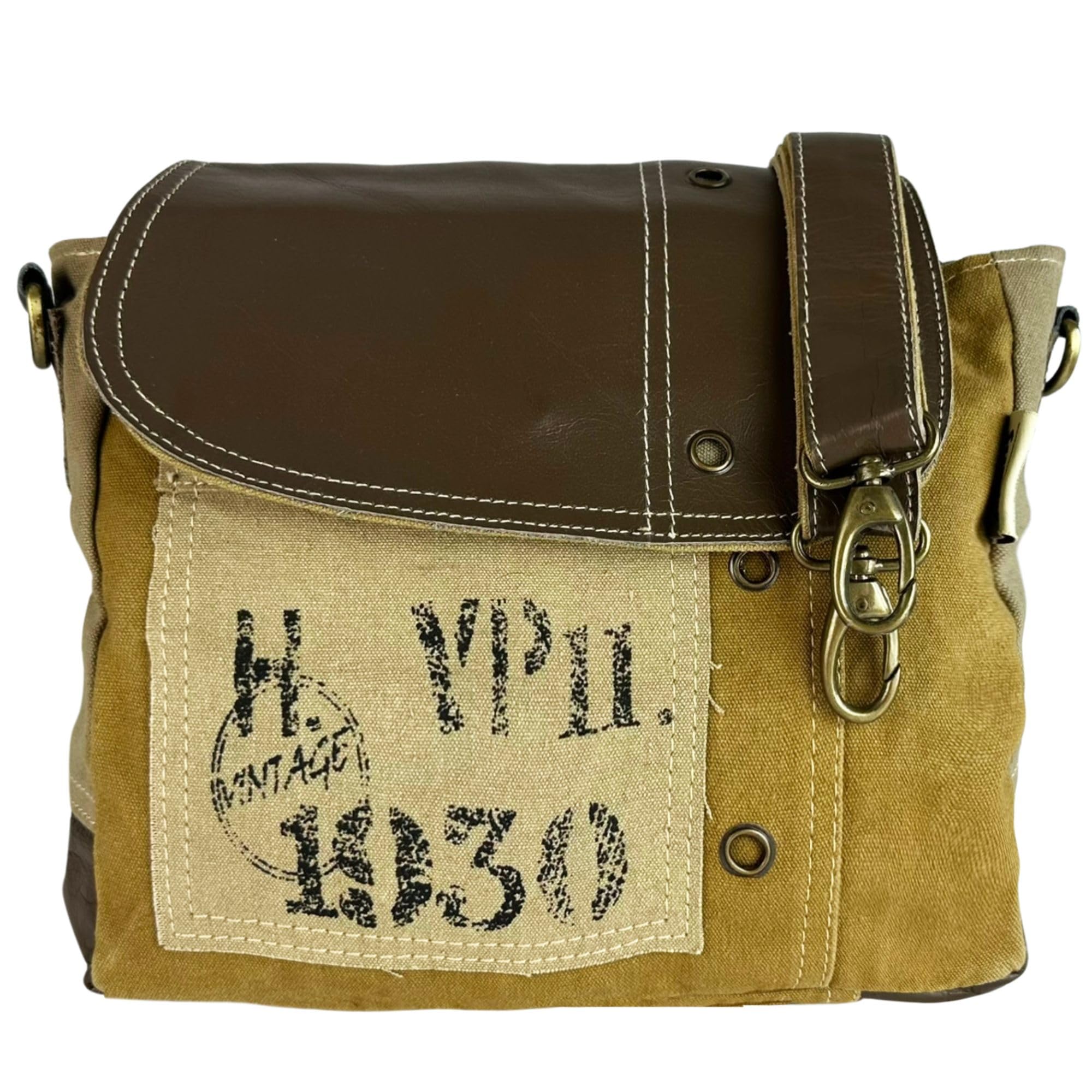 Sunsa Vintage Umhängetasche kleine Messengertasche aus Canvas & Leder braun