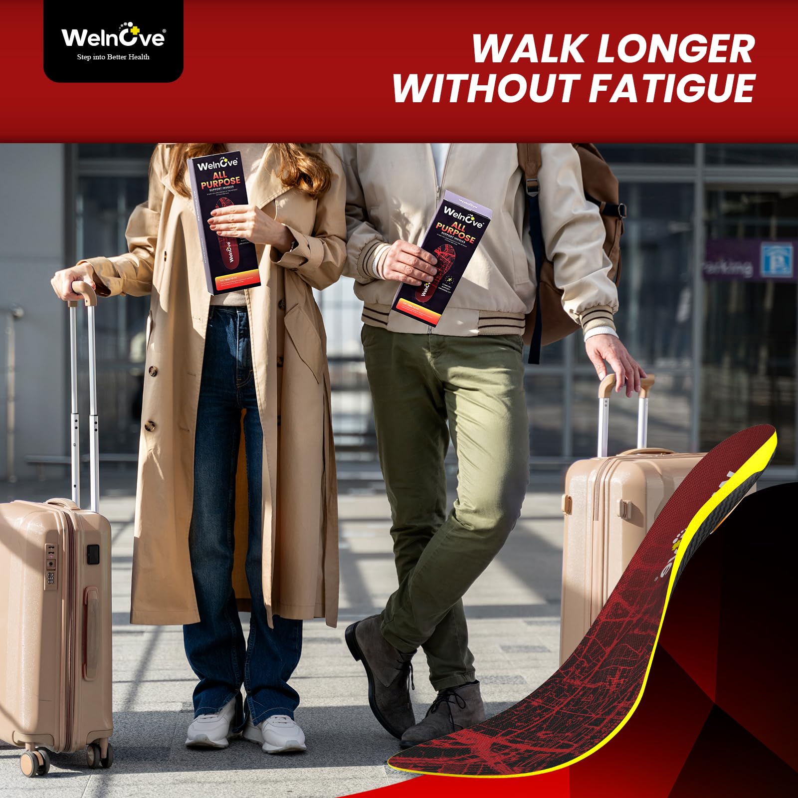 Walk Comfort Insoles - Welnove Pain Relief Insoles with Arch Support Cushion Inserts for Walking, Work & Travel - All-Day Comfort for Standing on Feet,Anti Fatigue - XL