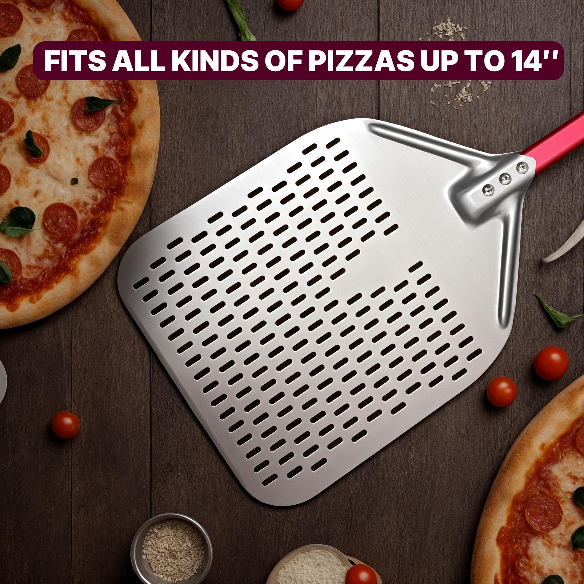 crosson Pala perforada para pizza de 30.5 x 40.6 cm, espátula de pizza, pala ligera para tornear pizza con mango de 40.6 cm de largo, accesorios para horno de pizza, herramientas de pizza, volteador