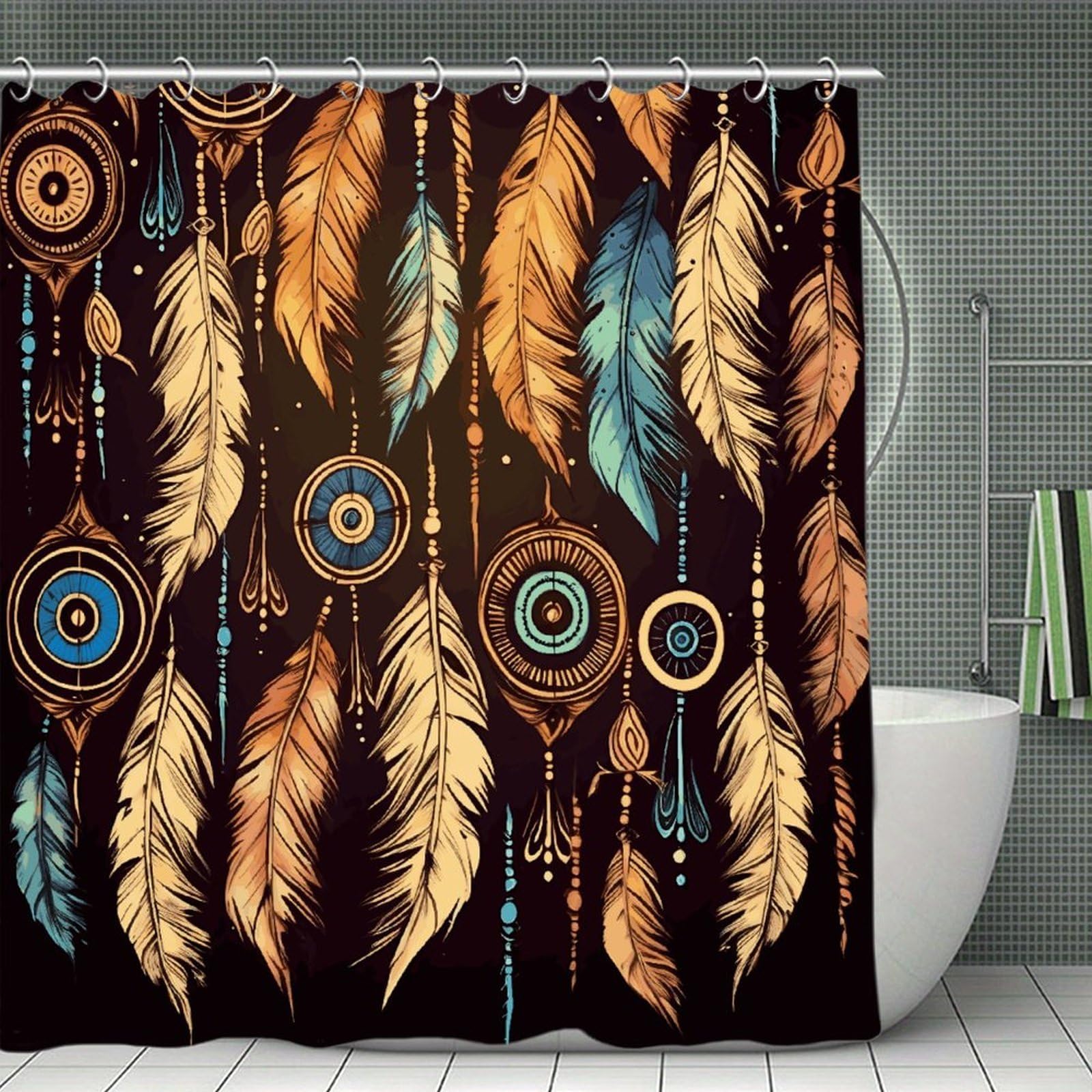 VstaDank Vintage Ethnic Tribal Feather Shower Curtain 71x71 Heavy Duty Polyester Cloth Bath Curtain with Hooks Thick Waterproof Shower Liner Fun Magic Decorative Bathroom Curtains for Bathtub