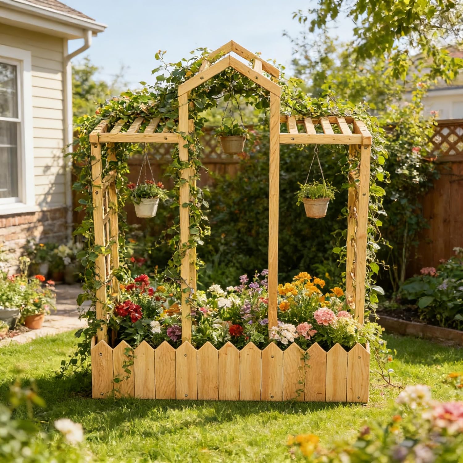 Raised Garden Bed with Trellis, Wood Elevated Planter Box with Trellis and Hanging Roof, Freestanding Outdoor Garden Planter for Flowers Herbs Climbing Vines