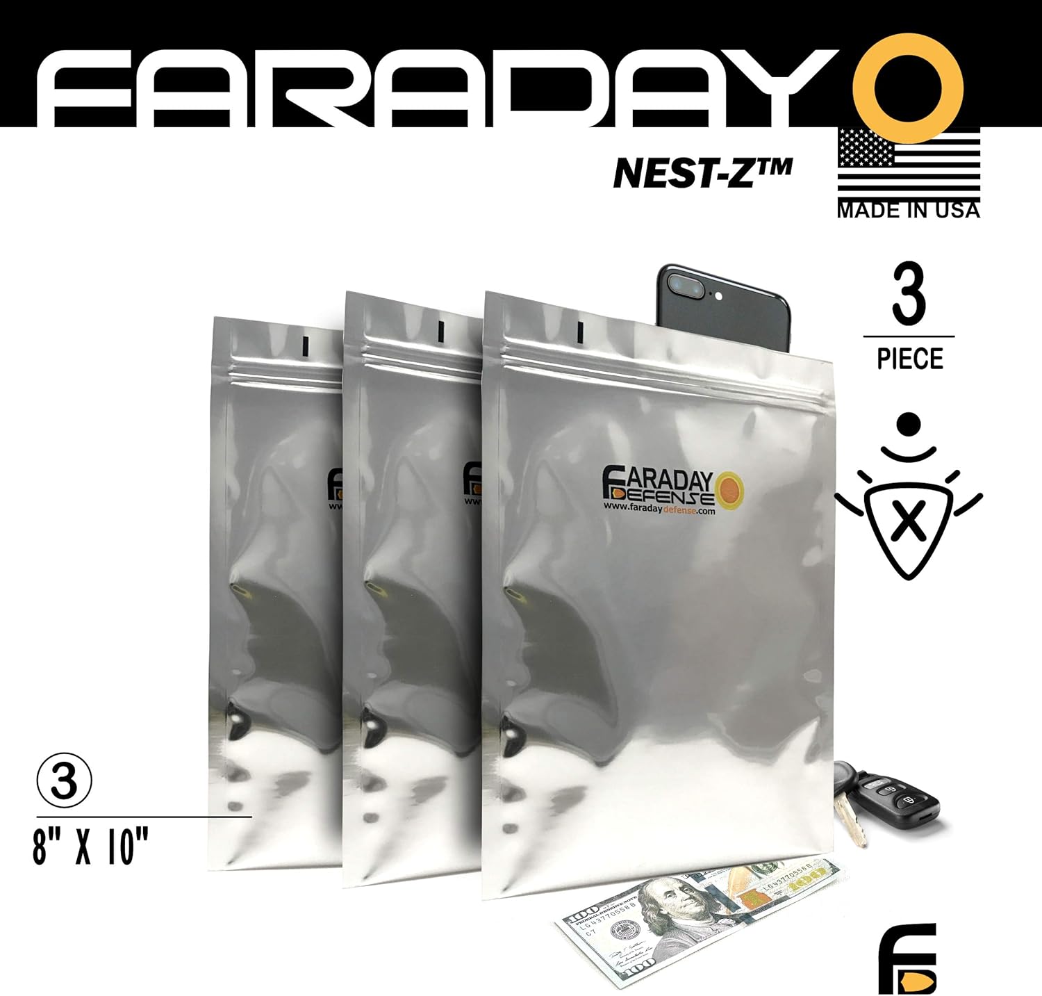 Faraday Cage EMP/ESD Bags Premium 3pc 8x10 Thick & Heavy Duty Quality Kit for Medium Notebook, External Hard Drive, iPad Windows