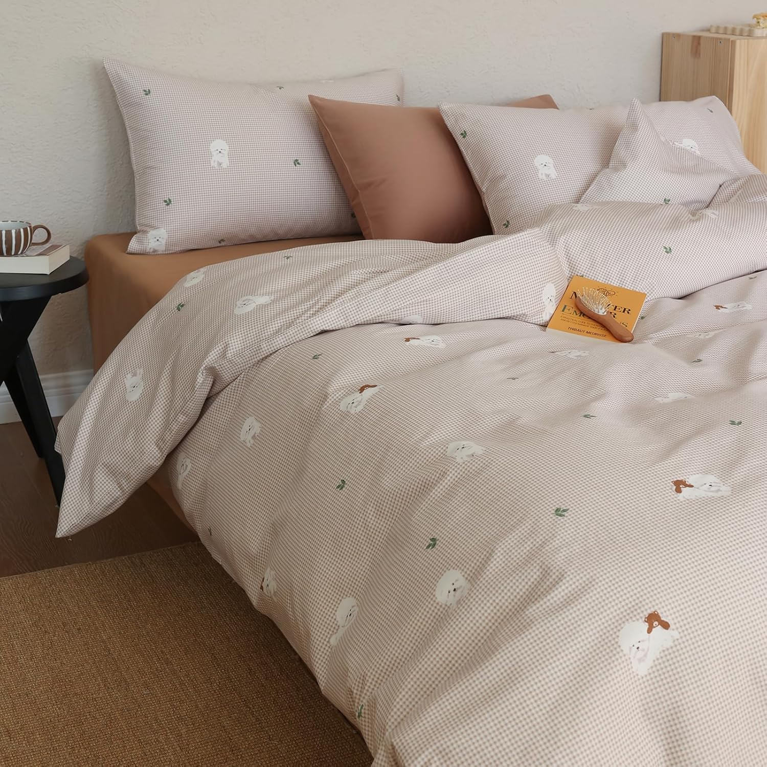 AOJIM Beige Checkered Duvet Cover Full Size with Dog Patterns, 3PCS Plaid Aesthetic Comforter Cover with 2 Pillowcases, 100% Cotton Soft Bedding Set for Kids Adults, Machine Washable, for All Seasons