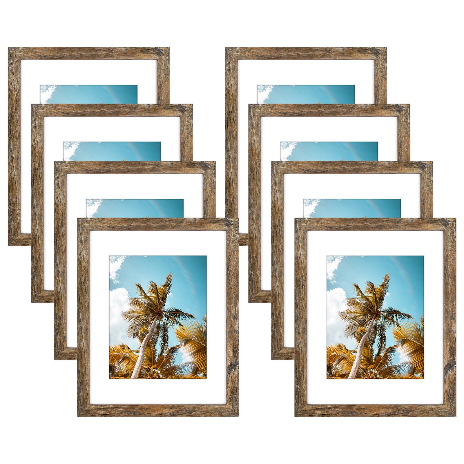 8 Pack 11x14 Rustic Brown Picture Frame with Real Glass Mat for 8x10