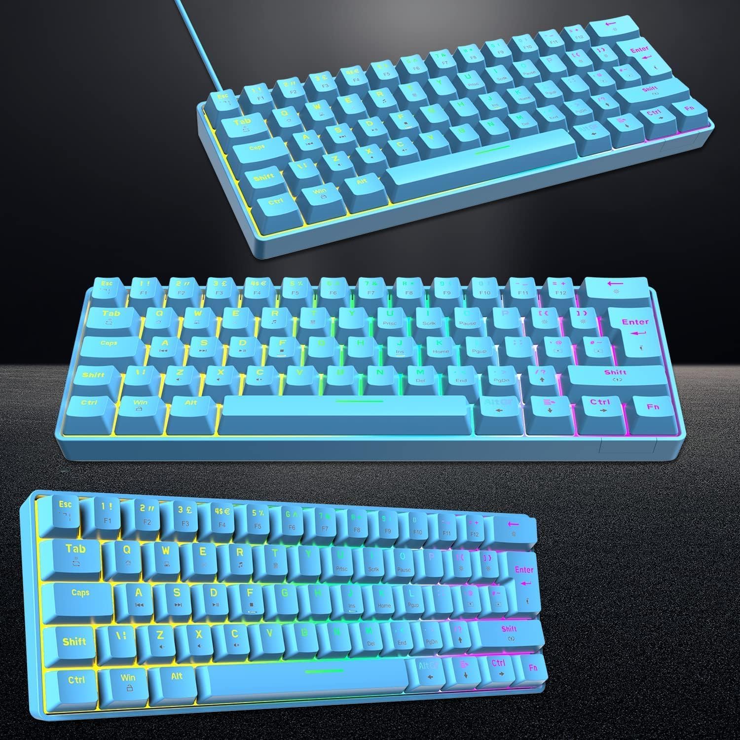 ZIYOU LANG T60 Clavier Et Souris De Jeu Mécaniques 60% [Disposition Britannique] – Mini Clavier Ergonomique Lumineux RVB De Type C – 12 000 DPI, Souris USB en Nid d'abeille– Interrupteur Bleu + Rouge