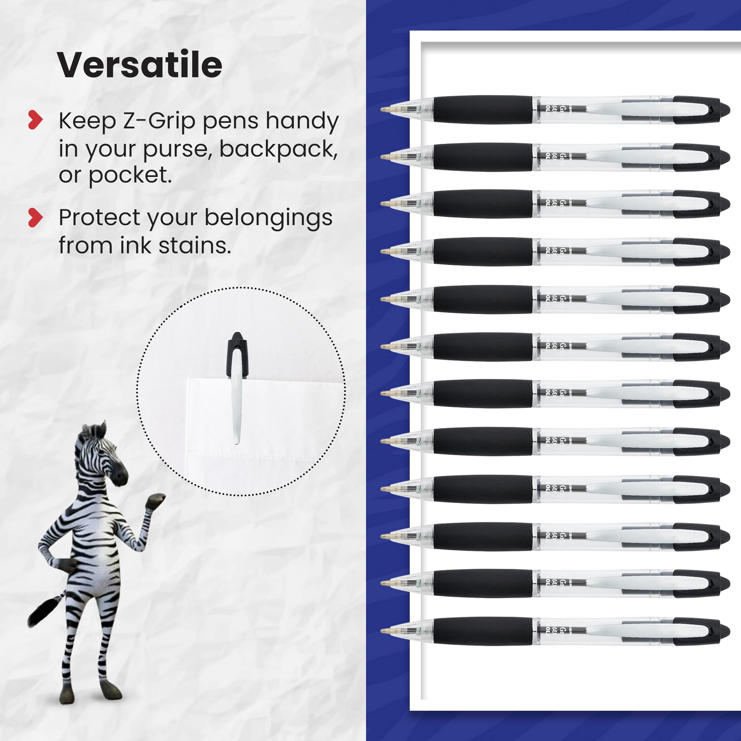 Zebra Pen Z-Grip MAX Black Ballpoint Pens 12pk, 1.2mm Medium Point Retractable Ink Pens with Clip - Image 4