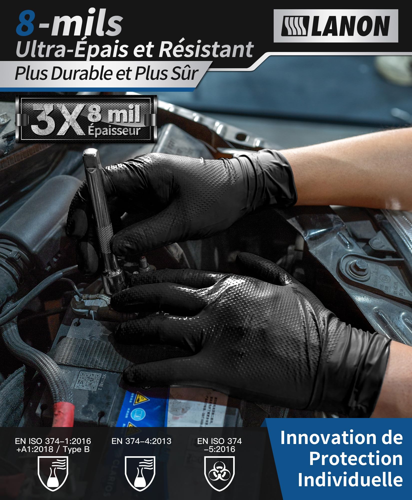 LANON 8 Mil Gants Nitrile Noir, Gants Jetables Extra Forts avec Structure Diamant, Gants Mecanicien, Alimentaire, Sans Poudre, Sans Latex, Taille S(100 Gants)