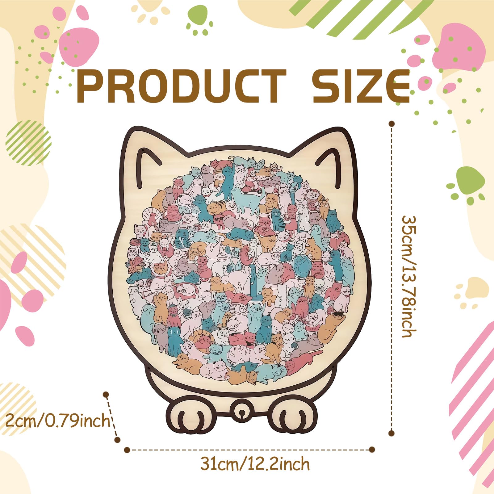 Puzzle a forma di gatto, puzzle irregolare con supporto, 135 pezzi, puzzle in legno colorato per adulti, regalo creativo per gli amanti dei gatti (C)