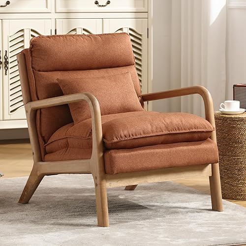 Miniatura 61 de INZOY - Sillón decorativo de mediados de siglo con estructura de madera, tapizados, para sala de estar, con cojín para la cintura, sillón de lectura