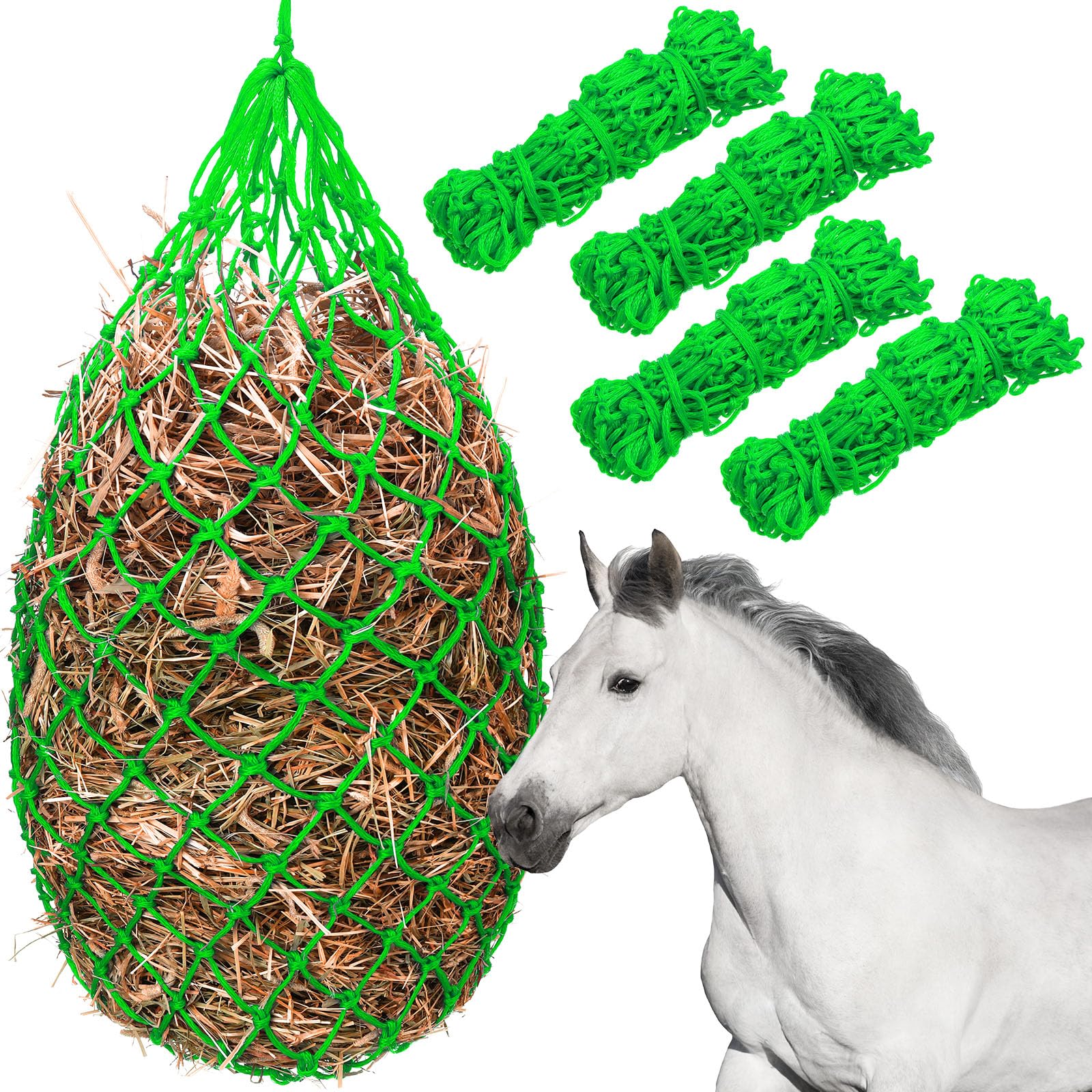 Nuenen 4 Pcs Hay Bags for Horses 40 Inch Slow Feed Hay Nets Bag for Horses Goats Sheep Oxford Hanging Feeder Feeding Supplies for Trailer and Stall