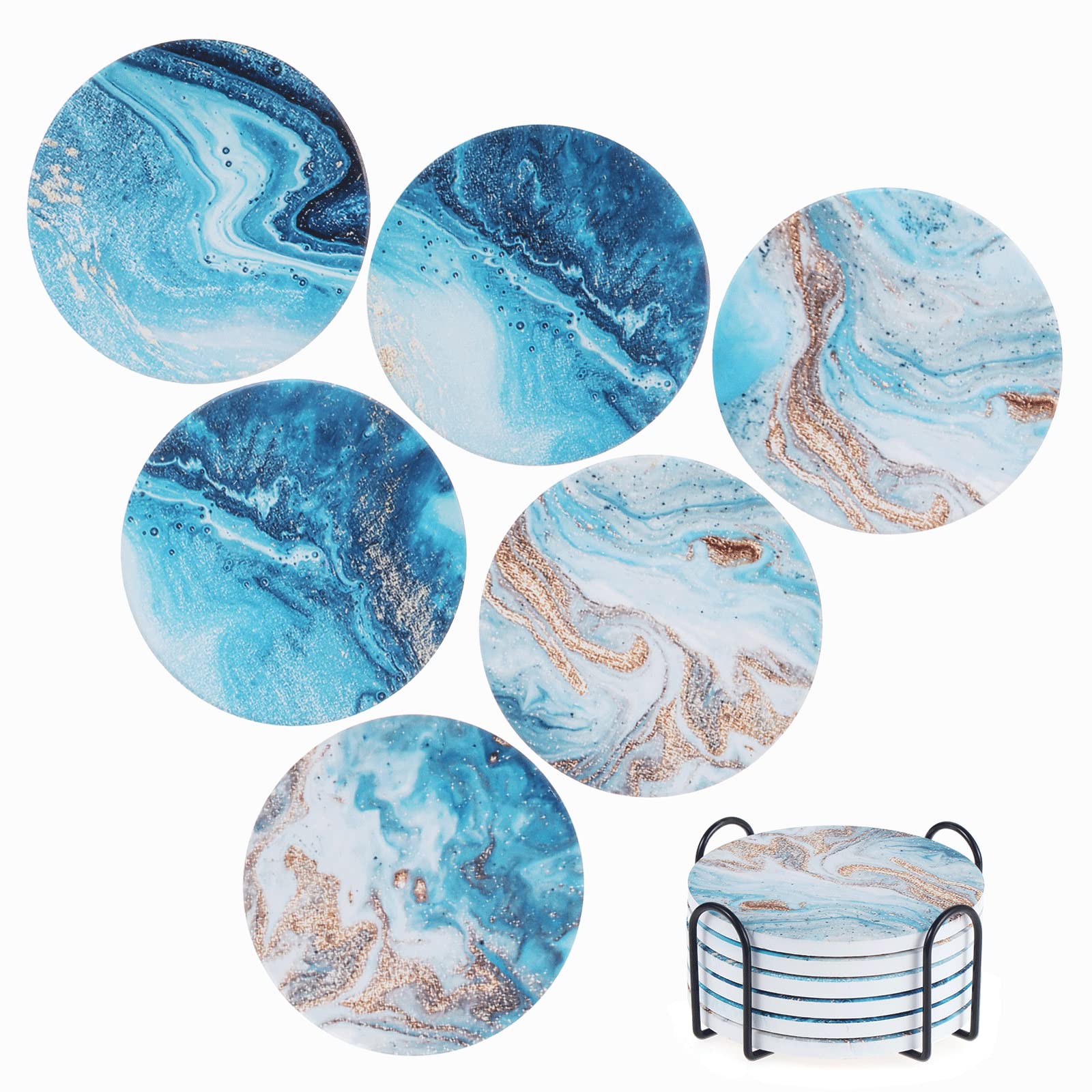 Mynoozi Marble Coasters Set of 6, Absorbent Ceramic Coaster Set with Cork Base and Holder, Sea Ocean Drink Coaster, Non Slip Ceramic Coaster, Round Drink Coasters Set for Home Kitchen Bar Decor
