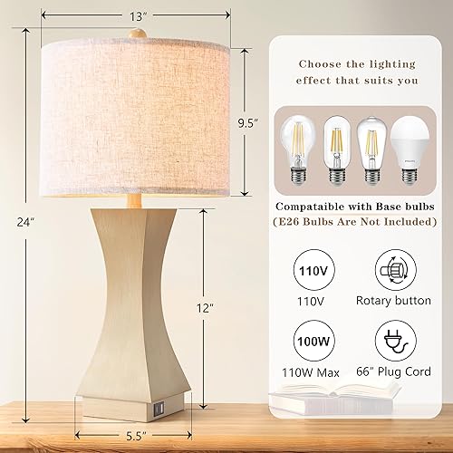 Miniatura 6 de Juego de 2 lámparas de mesa modernas de 24.5 pulgadas, lámparas de noche regulables de 3 vías con carga USB C y A, lámparas de mesa de noche de