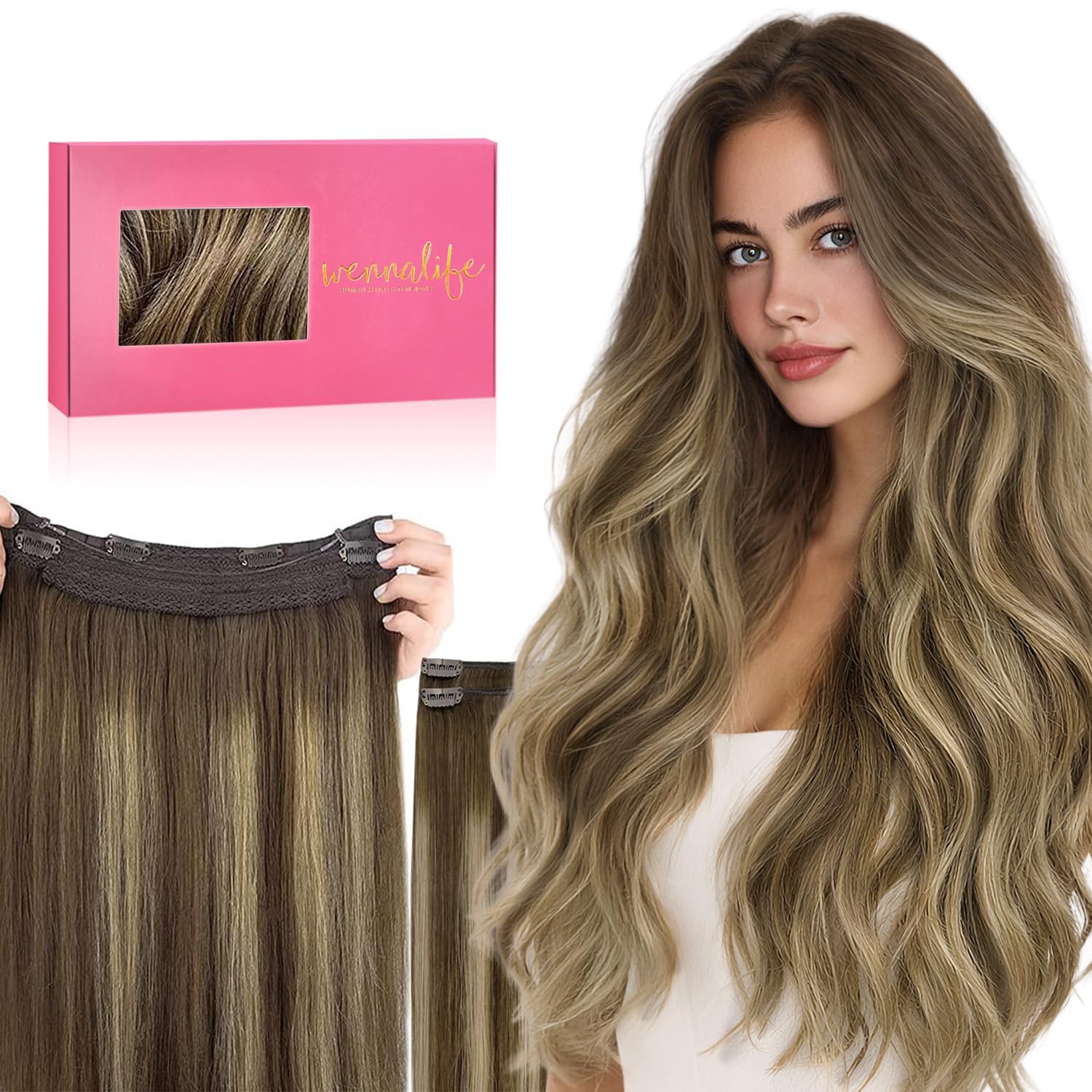 WENNALIFE Wire Hair Extensions (Increase 50% Lifespan) Real Human Hair 14 inch 75g Balayage Dark Brown to Chestnut Remy Invisible Transparent Fish Line — view 45