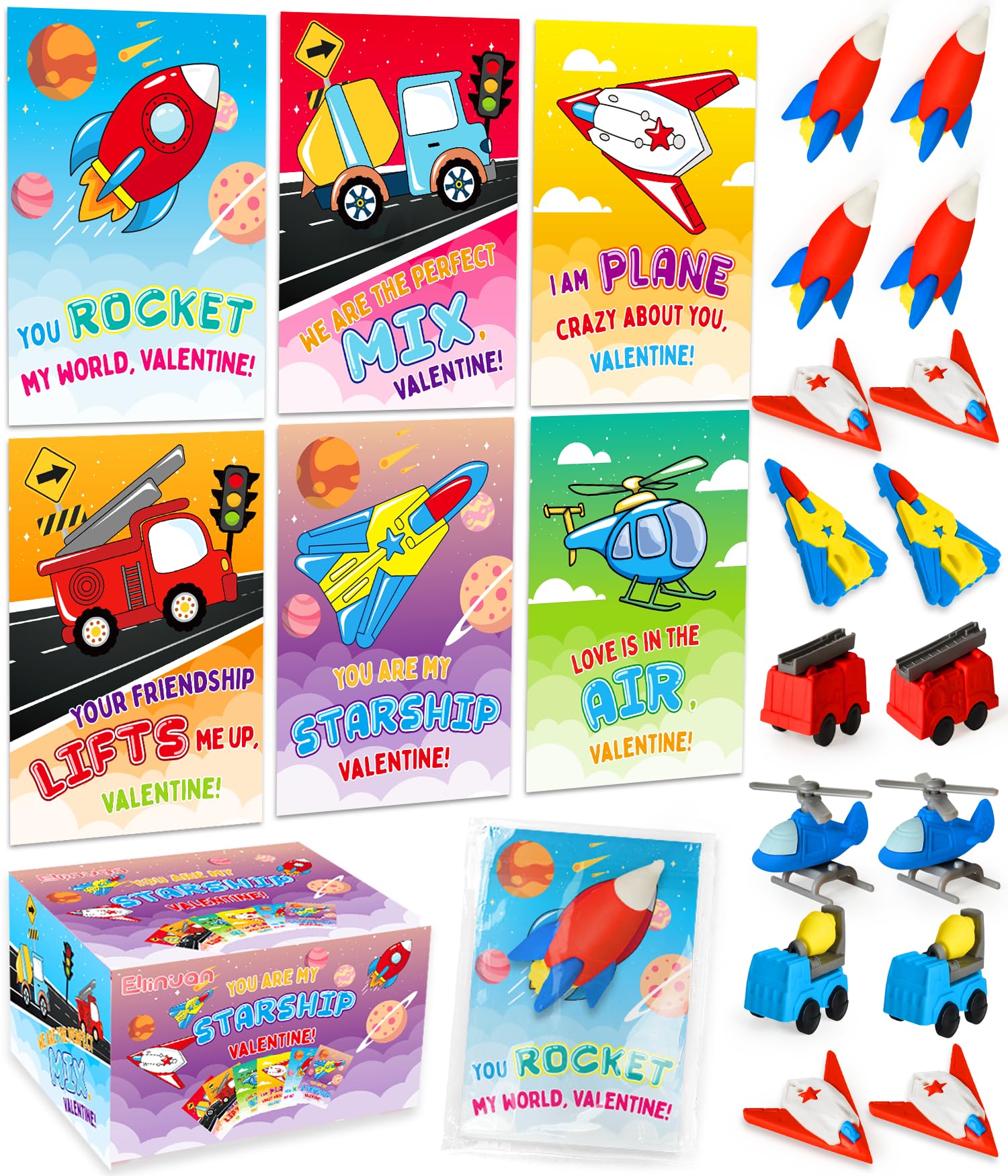 Valentines‘ Day Gifts for Kids,36 Pack Valentines Cards for Kids Classroom with Plane & Vehicles 3D Erasers Bulk, Valentine Exchange Gift for Boys Girls Toddlers School Class Game Prizes
