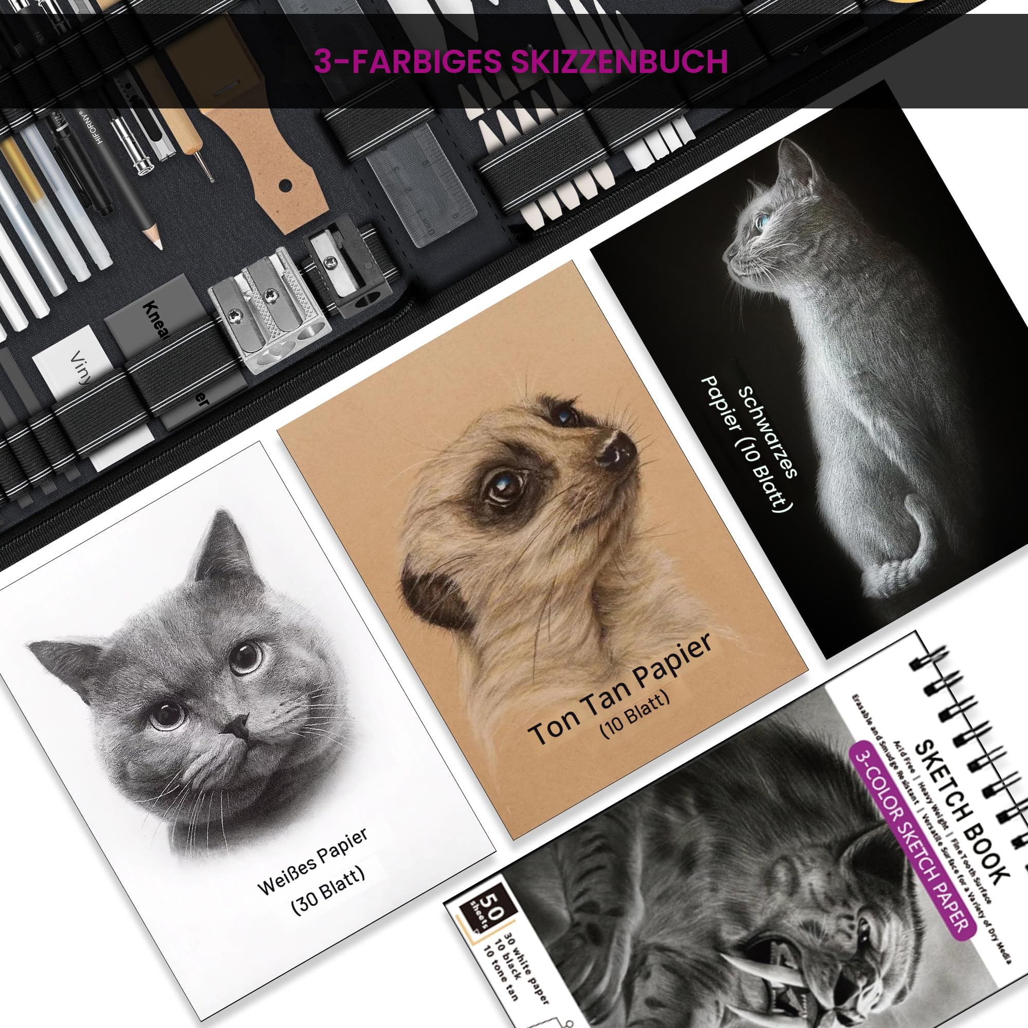 HIFORNY 126-teiliges Zeichenset, Skizzierstifte, Kunstzubehör mit 3-farbigem Skizzenbuch, Graphit, Anthrazit, Misch- und Zeichenwerkzeuge, Zeichenstifte für Erwachsene, Künstler in Reißverschlussetui