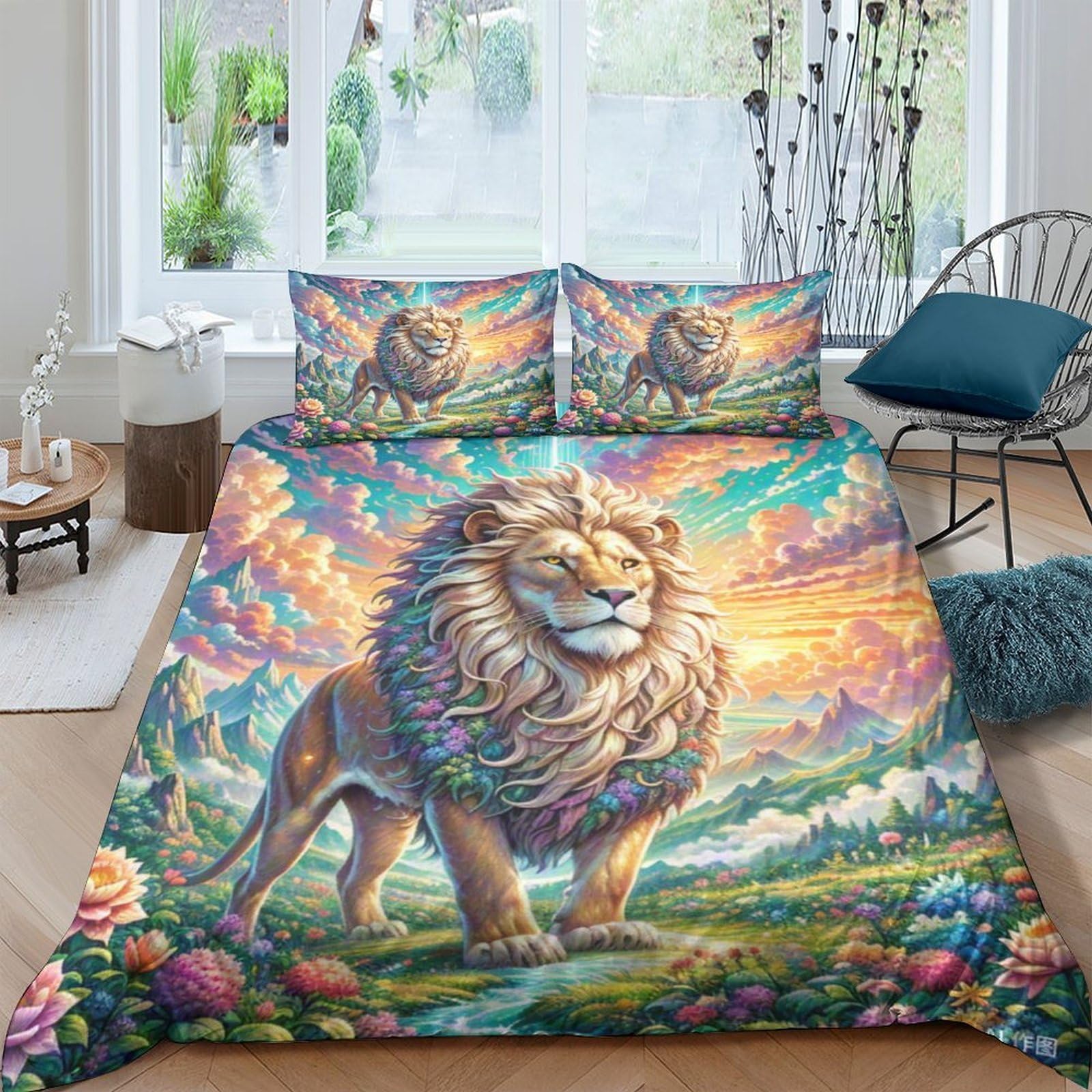Housse de couette lion 3D avec fermeture éclair cachée en microfibre