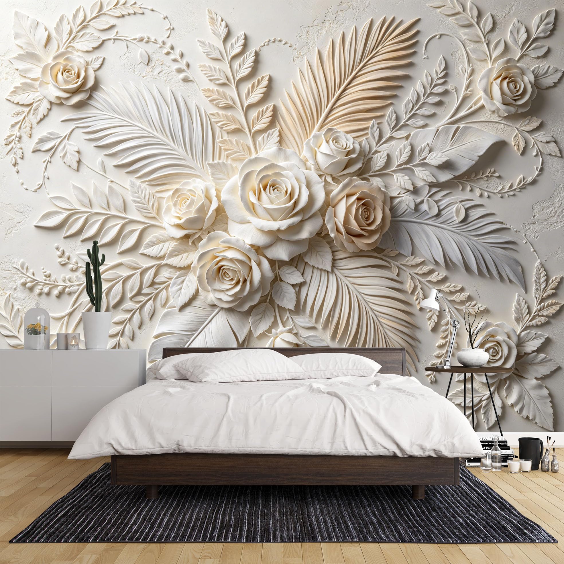 Carta Da Parati Fotografica In Tessuto Non Tessuto con Effetto 3D A Rilievo Rose In Fiore E Foglie Di Palma 300×210 cm (Lxa). Elegante Murale Floreale per Camera Da Letto E Soggiorno. Dimensioni: 3