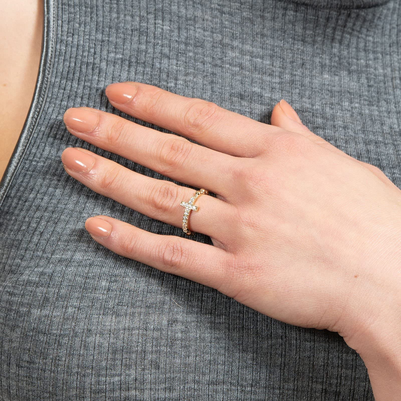 Ring Kreuz Rosenkranz Damen aus 925er Silber 18 Karat vergoldet mit Zirkonia -