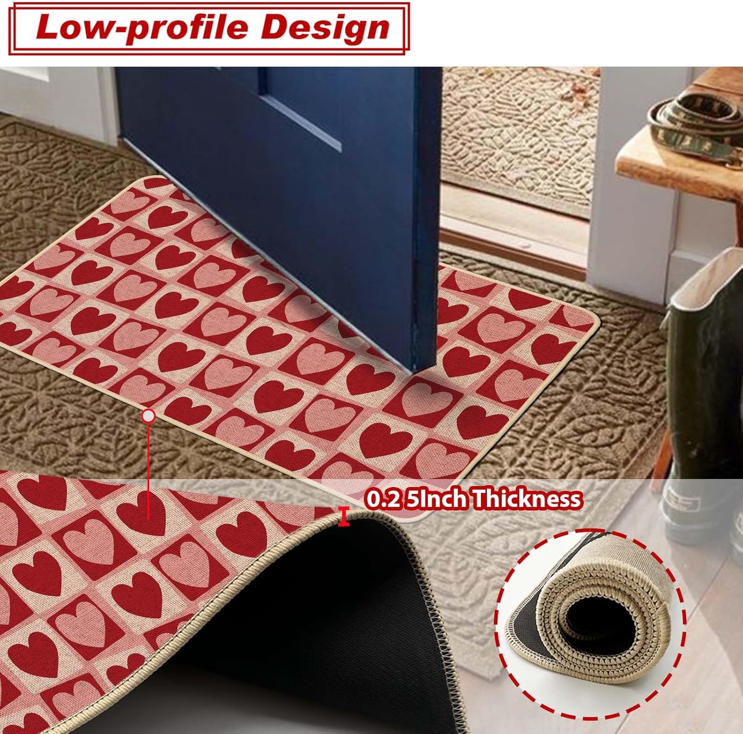 Baccessor Valentines Day Kitchen Mats Set of 2, Red Pink Love Heart Plaid Kitchen Rugs Romantic Kitchen Mats for Floor Non Slip Anniversary Wedding Party Home Decor 17x29 and 17x47 Inch