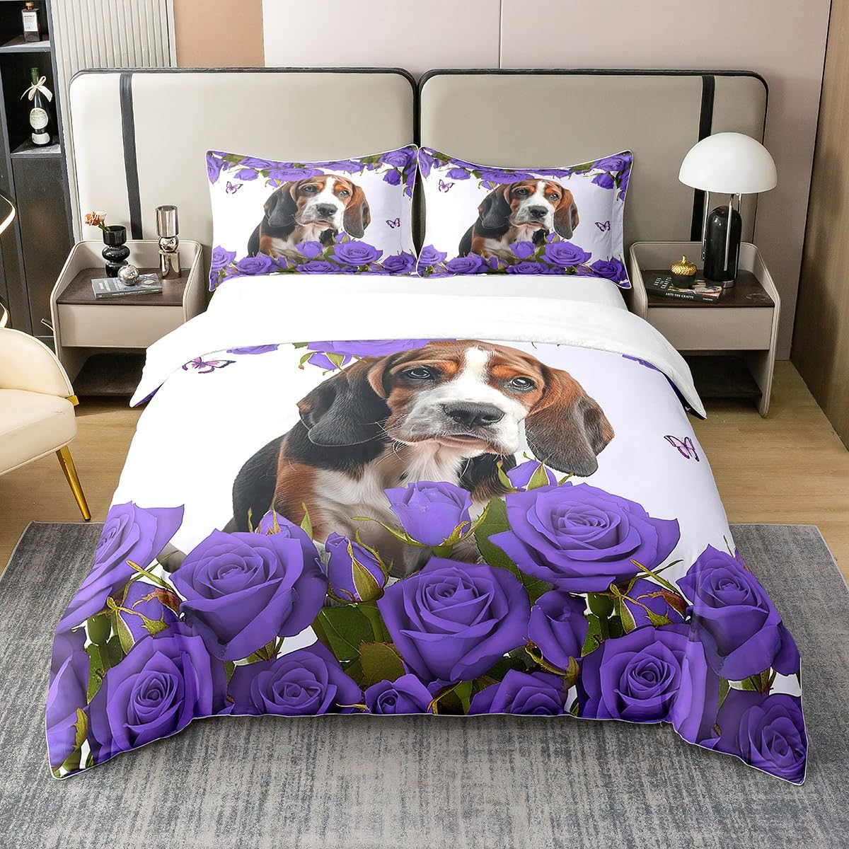 richhome King Size100% Cotton Cute Beagle Dog Duvet Cover Purple Rose Flowers Bedding Set Lovely Dog Puppy Comforter Cover Set 3D Animal Bedspread Room Decor Bedclothes Zipper