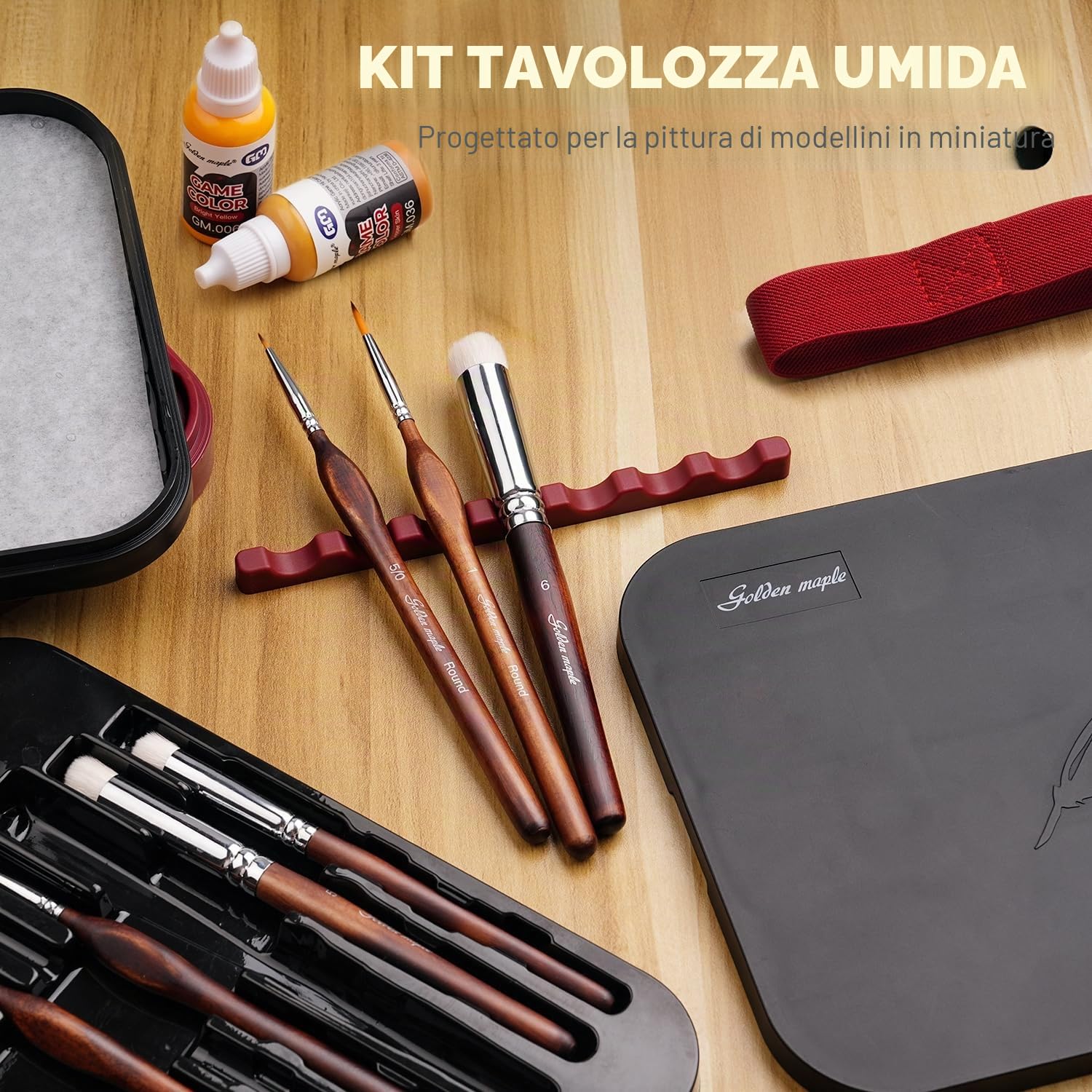 Golden Maple Kit di pittura in miniatura con tavolozza bagnata, 11 pennelli per dettagli, pennello a secco, 100 fogli di carta per pallet bagnati, 4 spugne, porta pennelli per mescolare la vernice