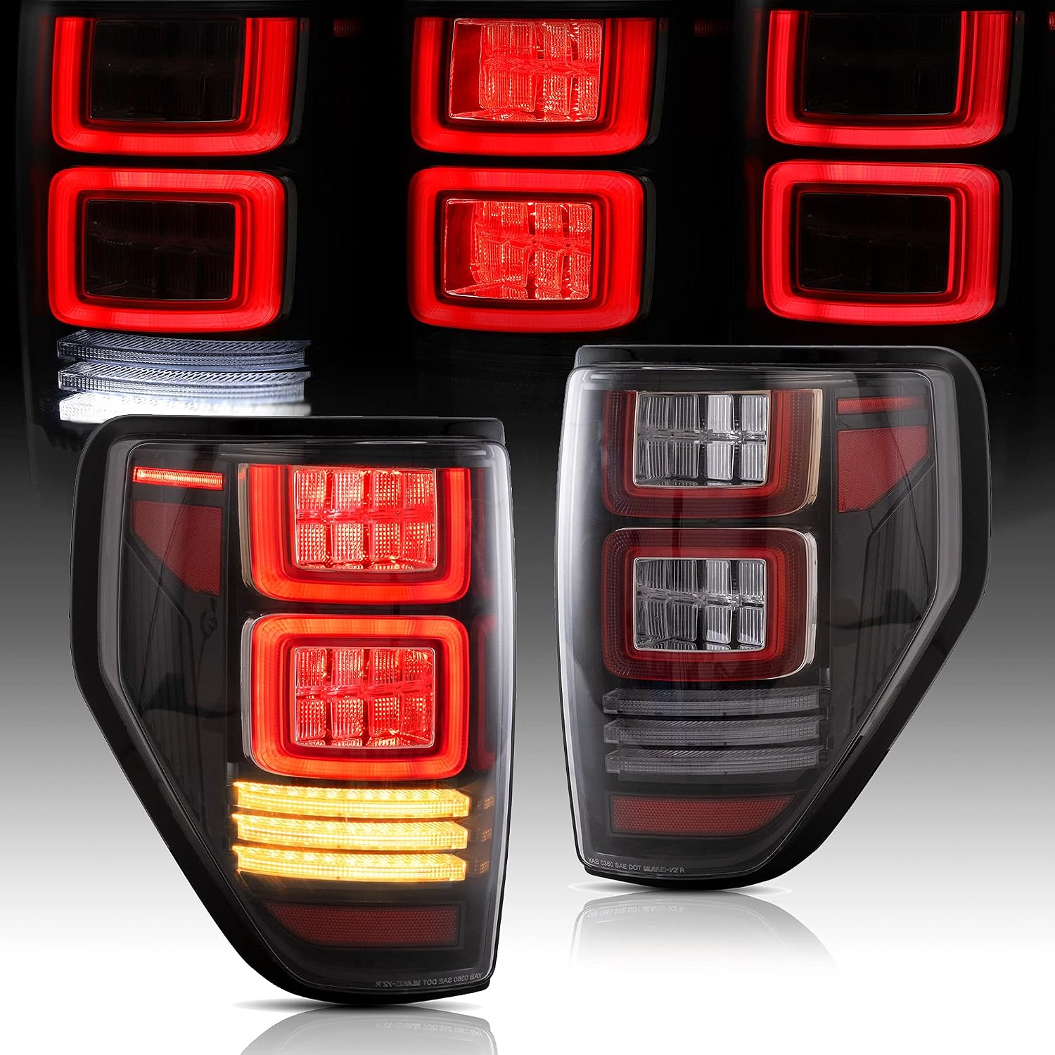 VLAND LED Clear Tail Lights Compatible For [ Ford F150 2009-2014 ] W/Amber Sequential Turn Singal/Running Lights/Brake lights/Side marker light and white reverse lights, Set (Not Fit Flareside)