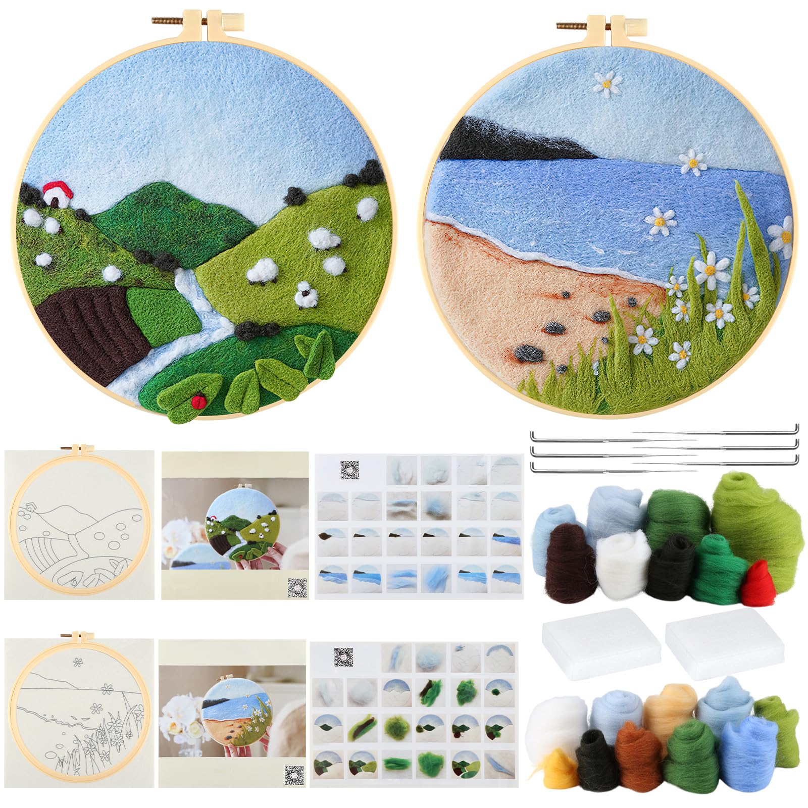 2 Sets Needle Felting Kit, Felting Kits for Beginners Adults, Needle Felting Starter Kit, Including Felted Fabric, Wool, Picture Frame, Needle, Foam Pad and Instructions for Home Decoration